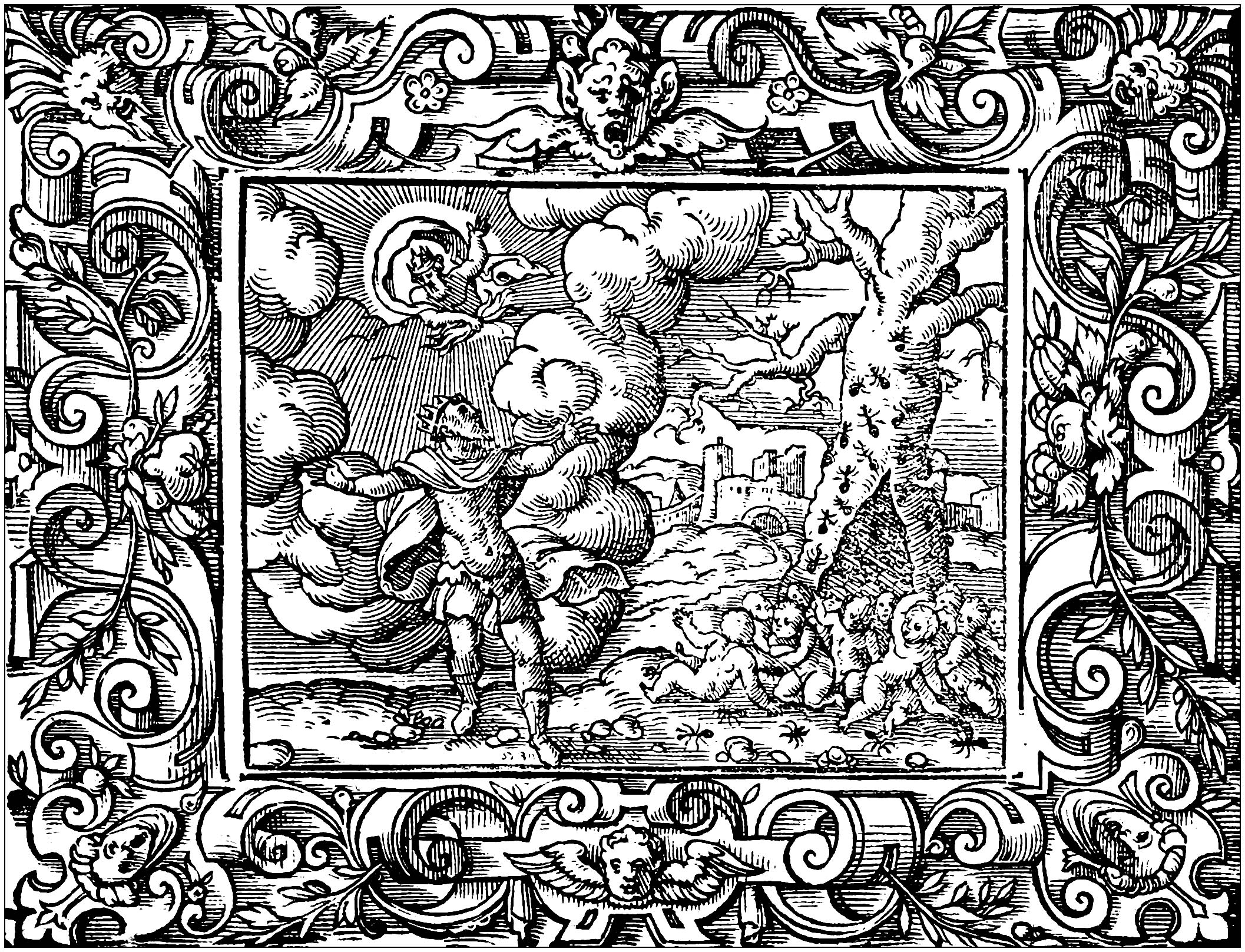 Coloring page created from a drawing by Virgil Solis (1514 - 1562). Inspired by 'The Metamorphoses', a Latin poem by the Roman poet Ovid (first century)