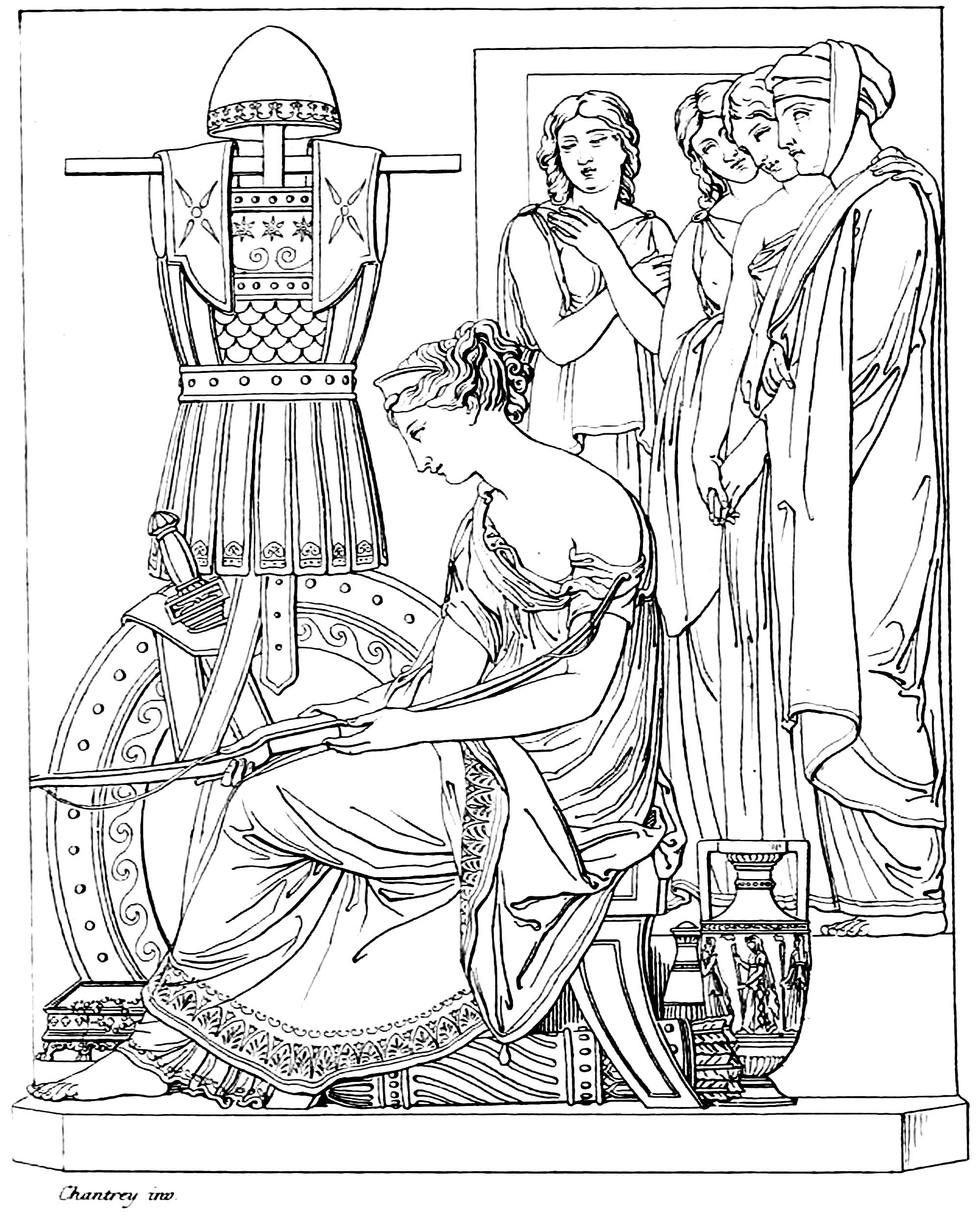 Coloring page adapted from 'Penelope sitting with Odysseus's armo', by Francis Chantrey