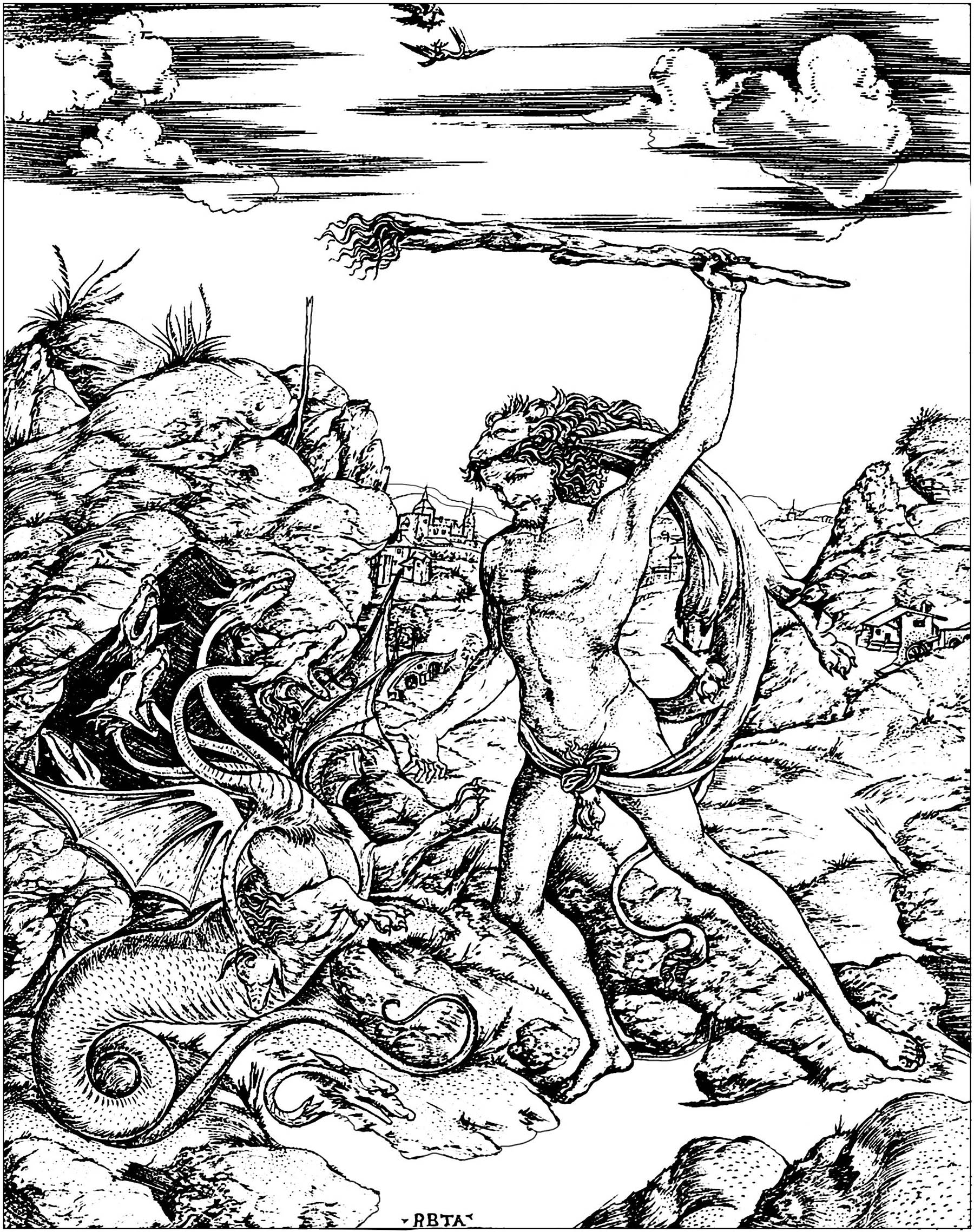 Hercules and the Hydra (The labor of Hercules), 1500–1520 engraving by Antonio Pollaiuolo (Italy)