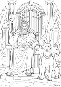 Hades on his throne with Cerberus