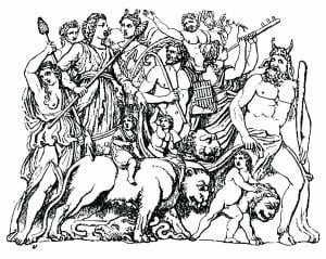 Dionysus drawn by tiger. (Sir William Smith, A Smaller Classical Dictionary of Biography, Mythology, and Geography (1898)) (Ancient Greece & Greek mythology Coloring Page)