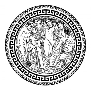 Hebe and Heracles, in a circle with traditional greek patterns - 1 (Ancient Greece & Greek mythology Coloring Page)