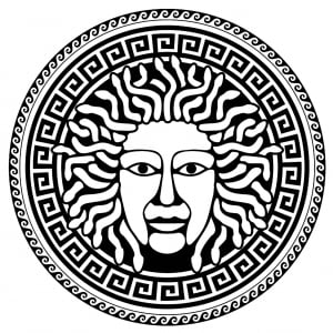 Medusa, in a circle with traditional greek patterns - 3 (Ancient Greece & Greek mythology Coloring Page)