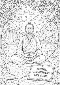 Serenity in the heart of nature. Monk meditating serenely in a soothing natural landscape with flowers and a waterfall in the background. Serenity in the heart of nature
