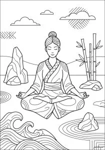 Zen meditation in the moonlight. A soothing silhouette in a meditative pose, surrounded by stylized bamboo and a graphic moon. Wavy sand patterns and a minimalist rock complete this contemplative coloring scene.