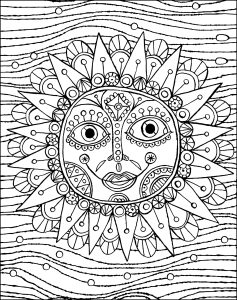 Printable Anti-stress / Zen Coloring Page for adults : Smiling sun with waves in the background