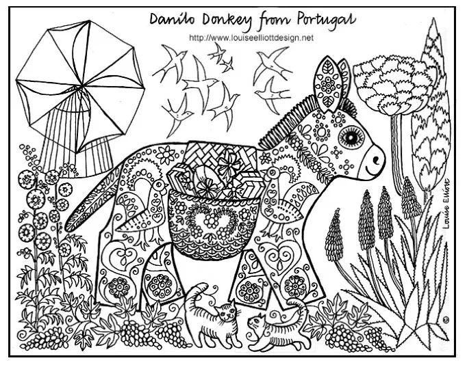 The donkey in his meadow (Printable Anti-stress / Zen Coloring Page for adults)