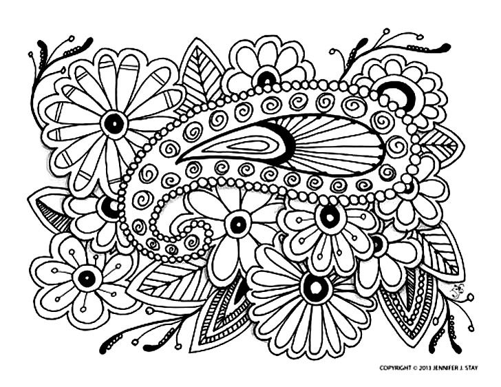 Coloring page of elegant flowers with a big Paisley pattern in the middle Like this art? Download more of Jennifer Stay’s pages at www.coloringpagesbliss.com