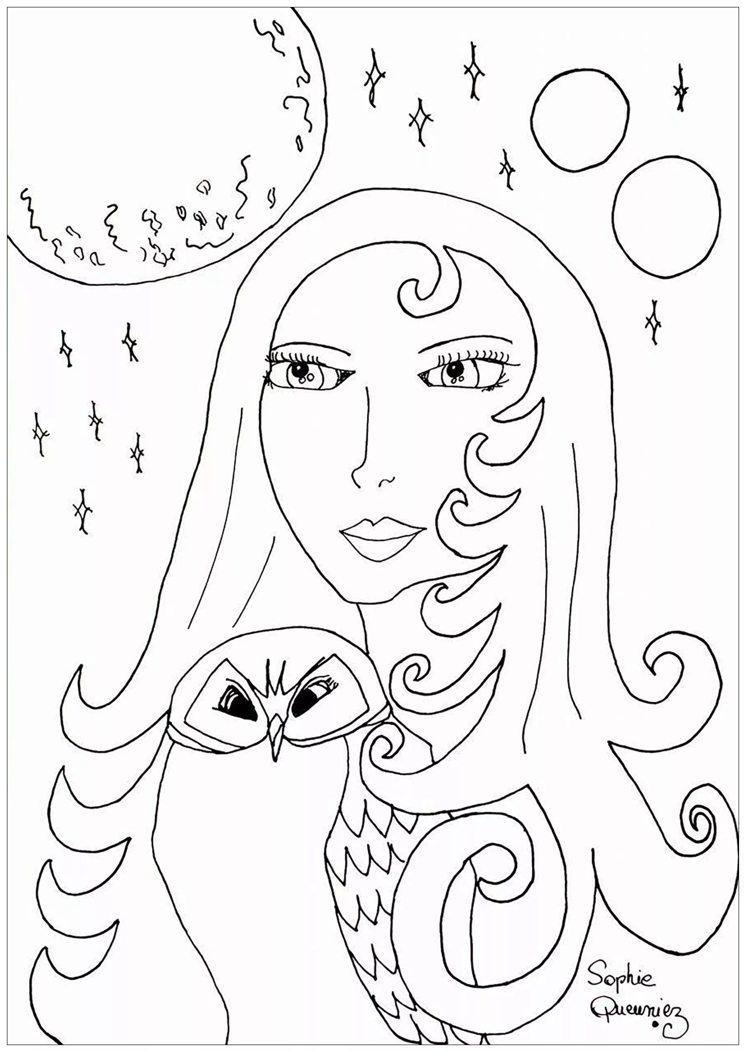 Full moon and owl (Printable Anti-stress / Zen Coloring Page for adults)