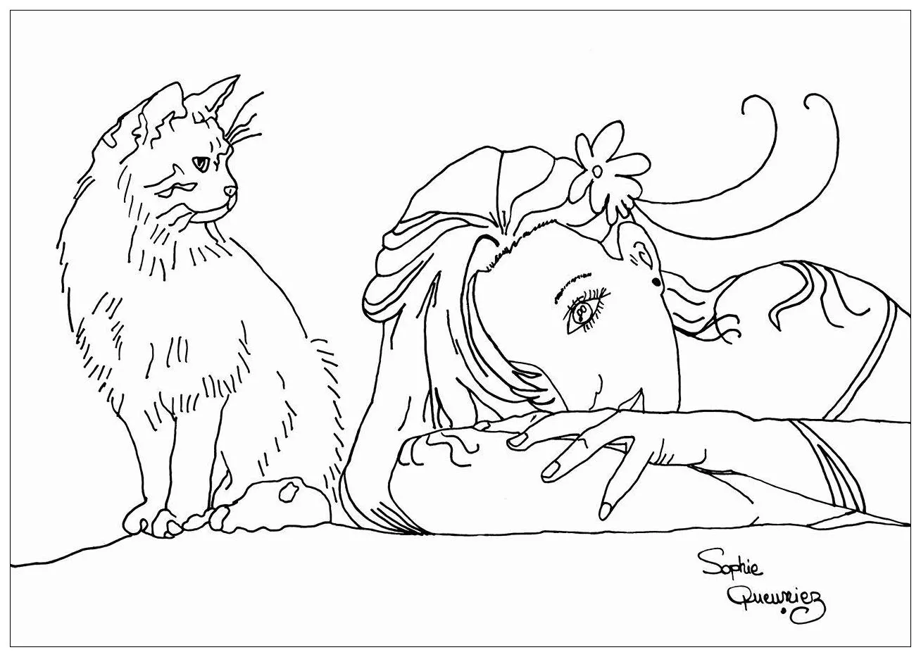 My cat and me (Printable Anti-stress / Zen Coloring Page for adults)