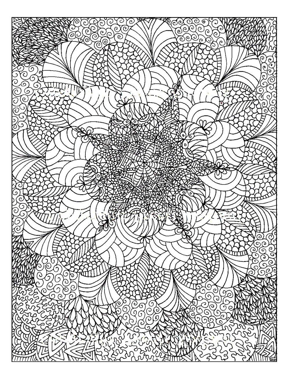 Intricate coloring page consistin of irregular circles composed of various patterns