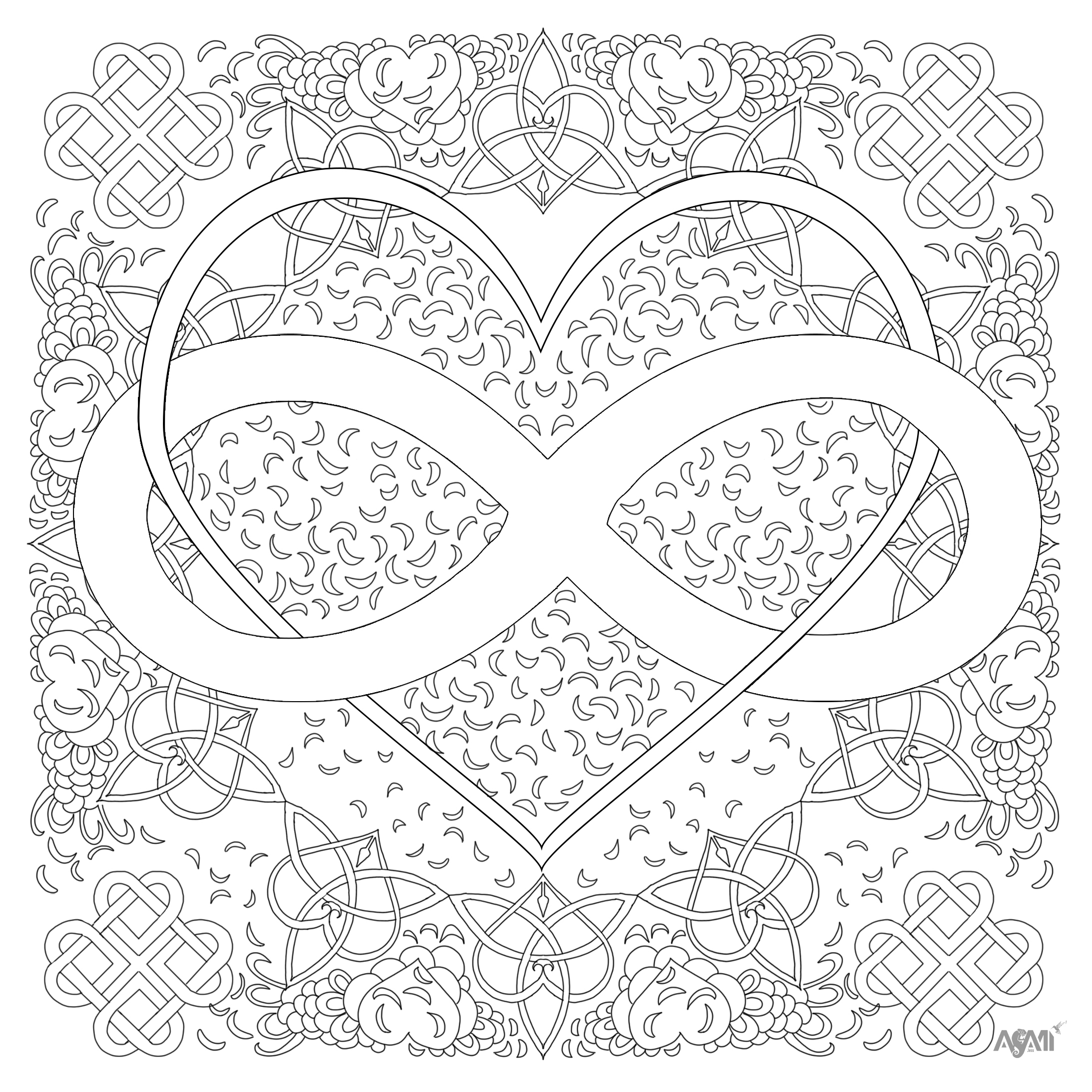 Infinity symbol and numerous motifs. This coloring is a reminder of the infinity and complexity of our world.It's a symbol of the eternity and beauty that lies in every moment, Artist : Jessica Masia