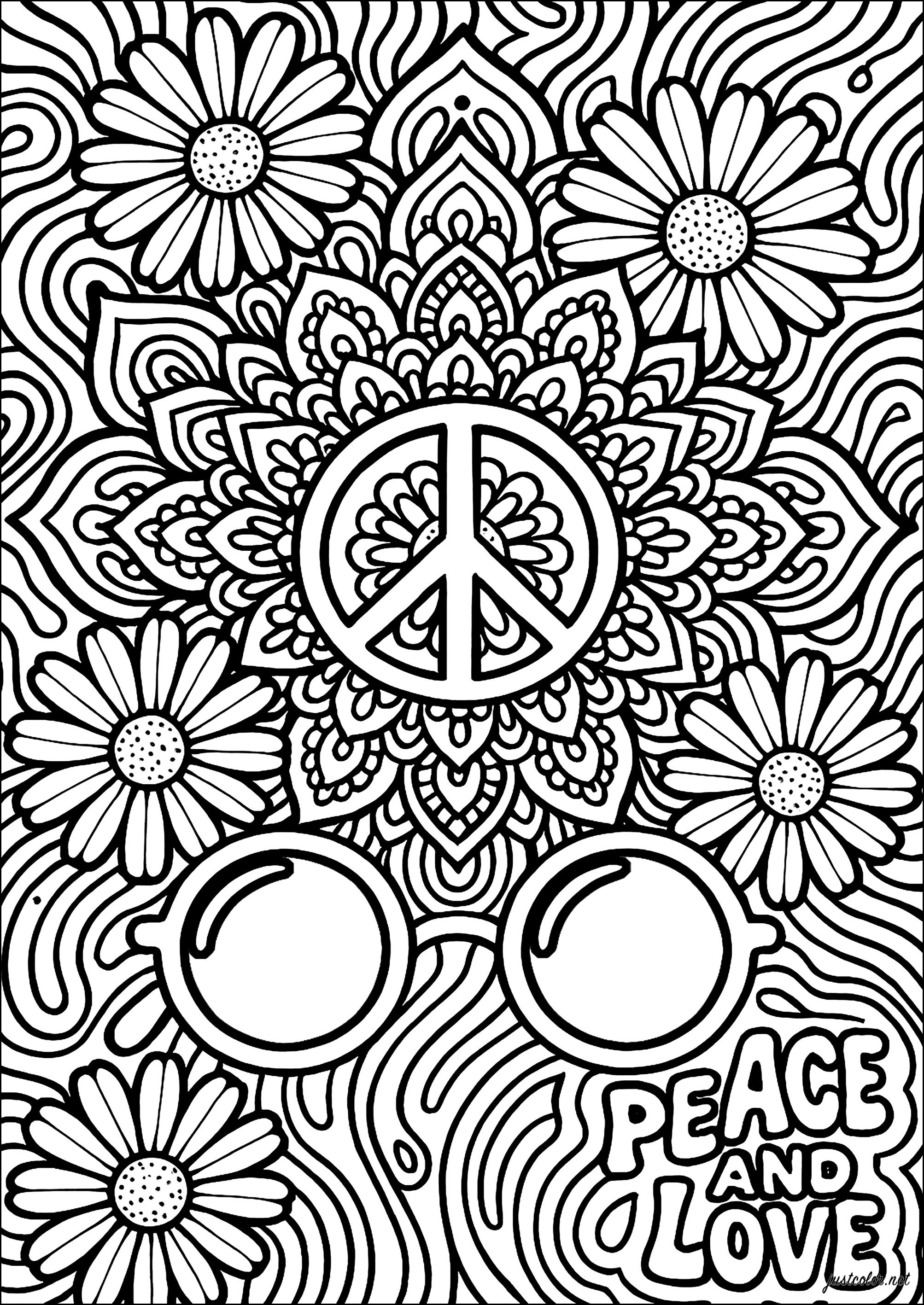Symphony of peace and flowers (Printable Anti-stress / Zen Coloring Page for adults)