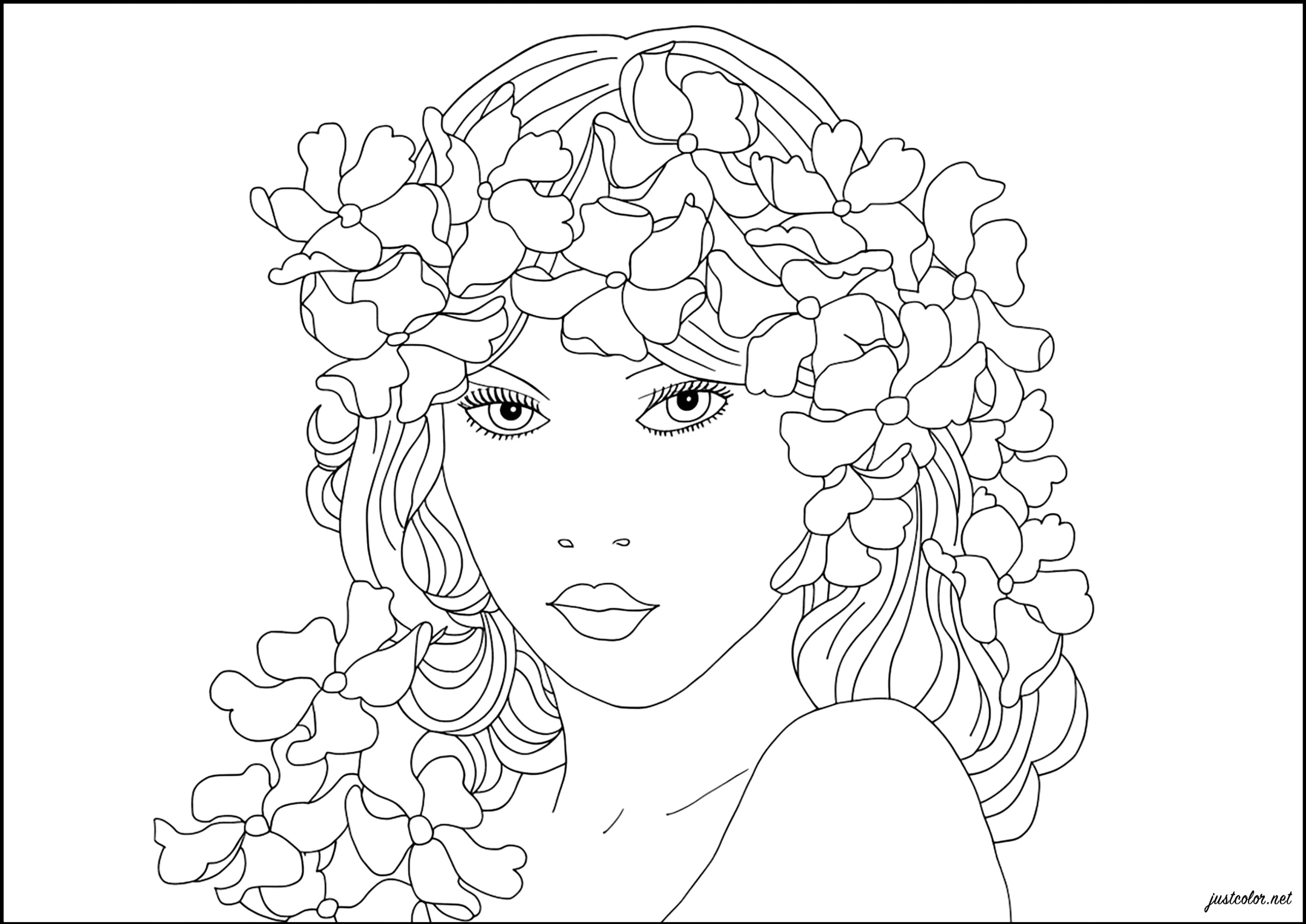 Elegant and serene floral portrait (Printable Anti-stress / Zen Coloring Page for adults)