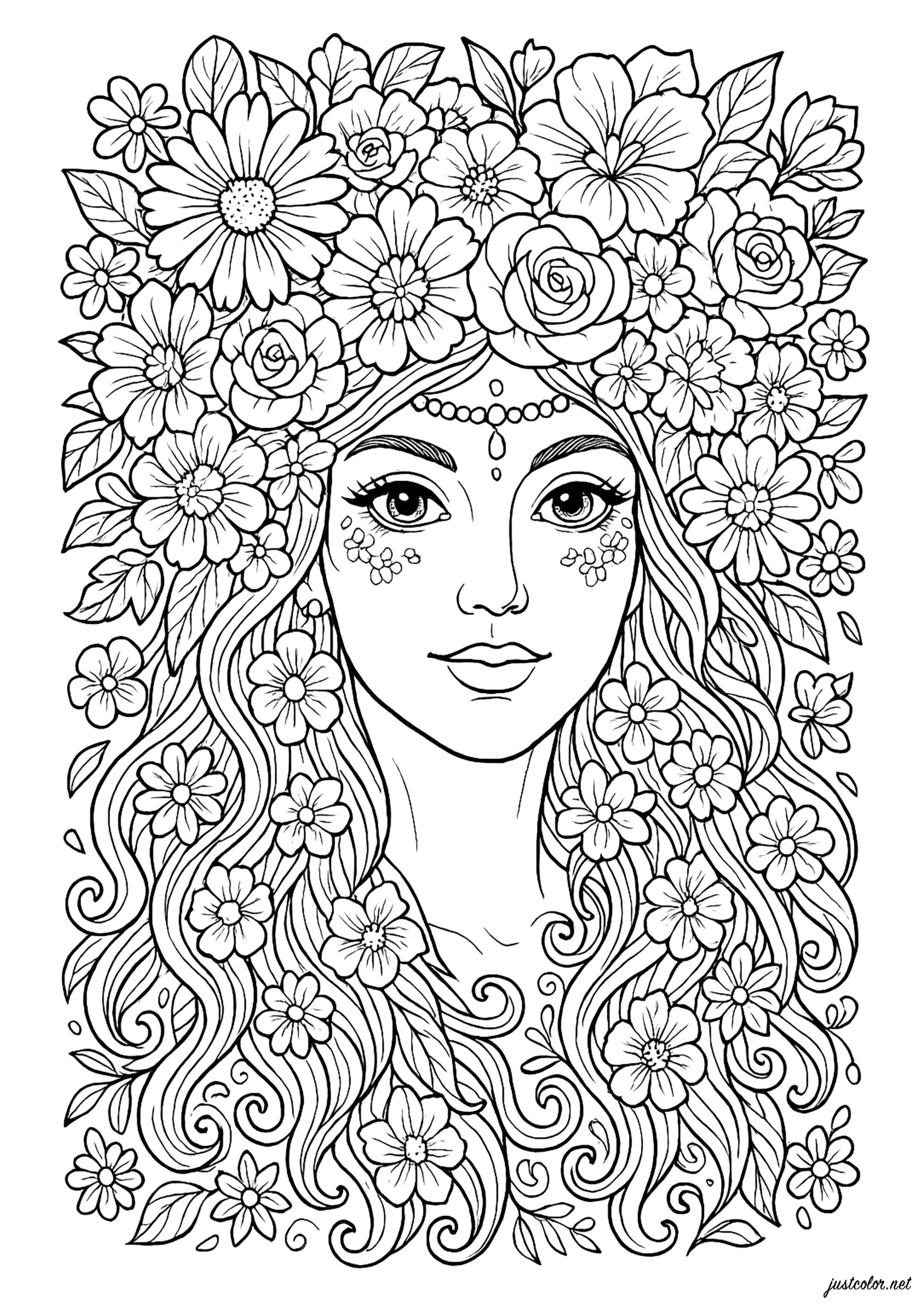 An enchanting floral portrait (Printable Anti-stress / Zen Coloring Page for adults)
