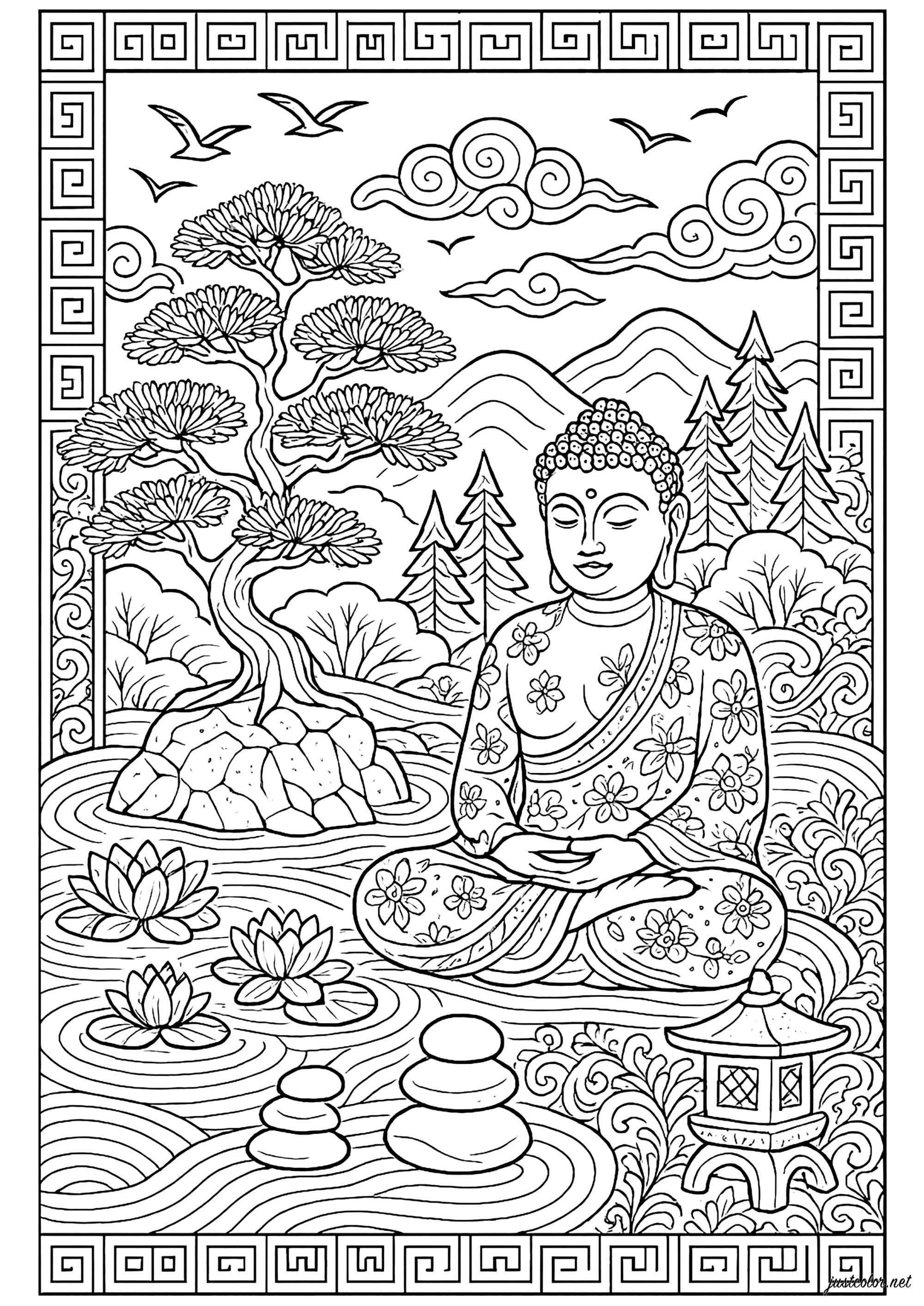 Buddhist Serenity at the Water's Edge (Printable Anti-stress / Zen Coloring Page for adults)