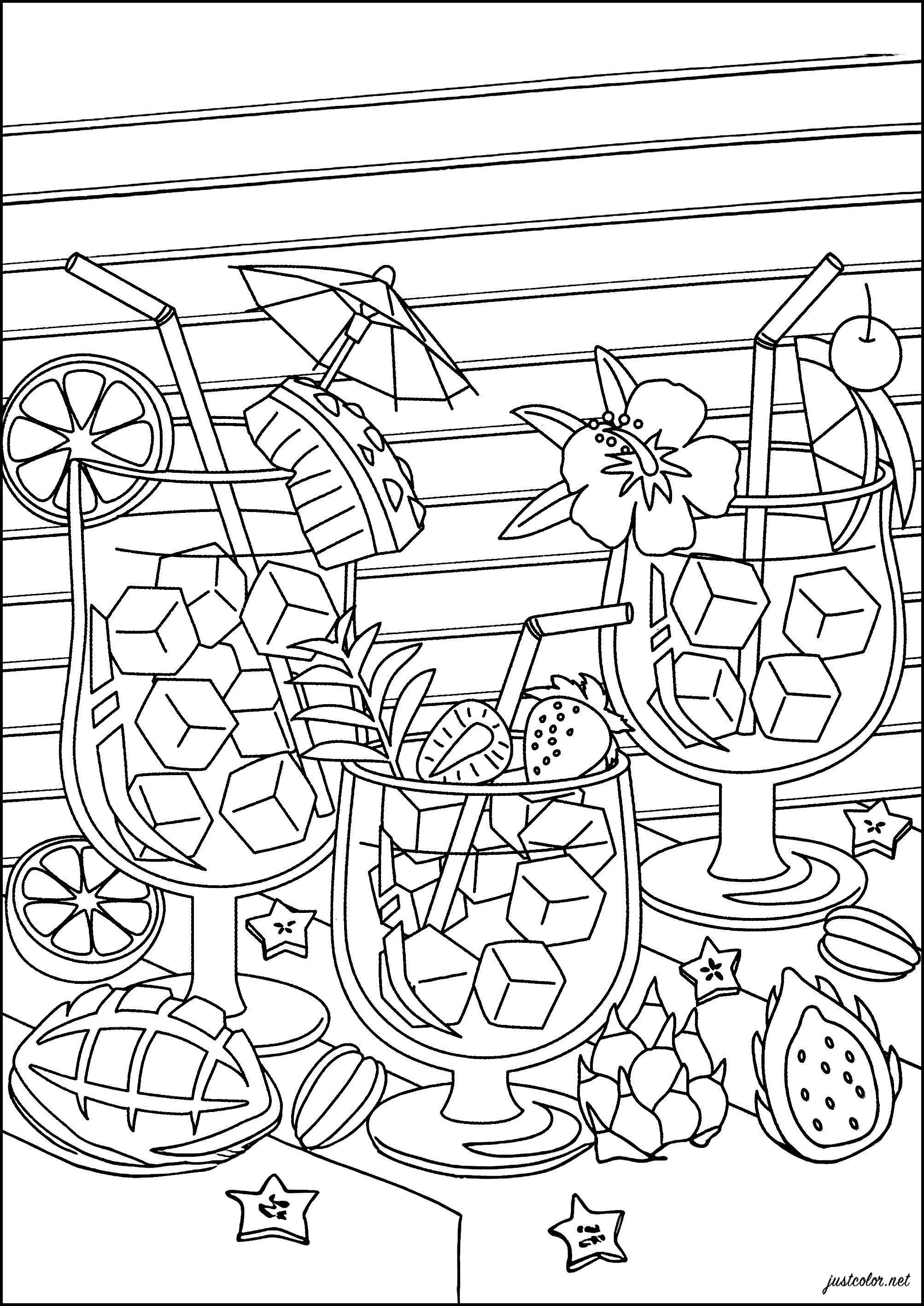 Refreshing tropical drinks (Printable Anti-stress / Zen Coloring Page for adults)