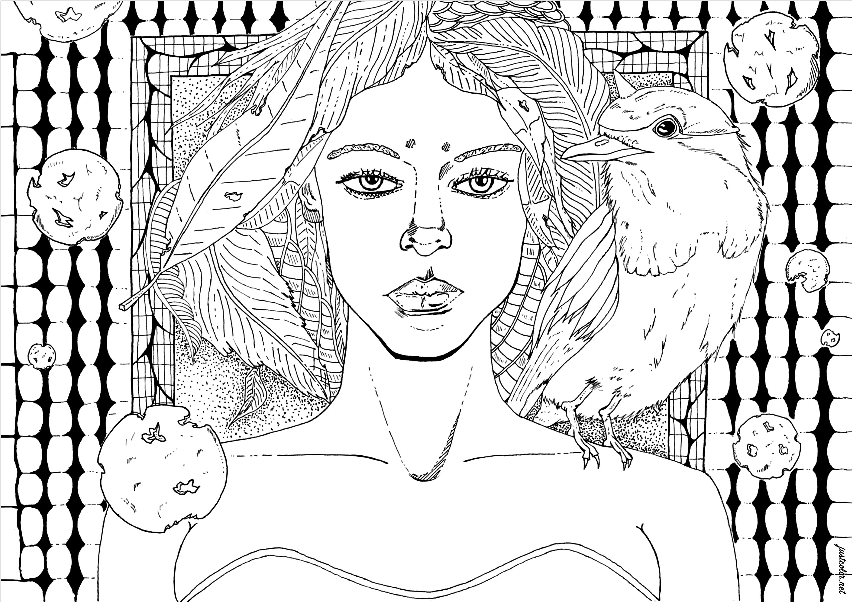 Woman with a deep look, wearing a crown of leaves, and a raven on her shoulder. This elegant woman holds a raven on her shoulder and looks at you with an expression of calm and serenity. The woman and the raven are in harmony, and their presence gives a feeling of peace and tranquility. Many leaves to color in the hair of the character, and in the background.