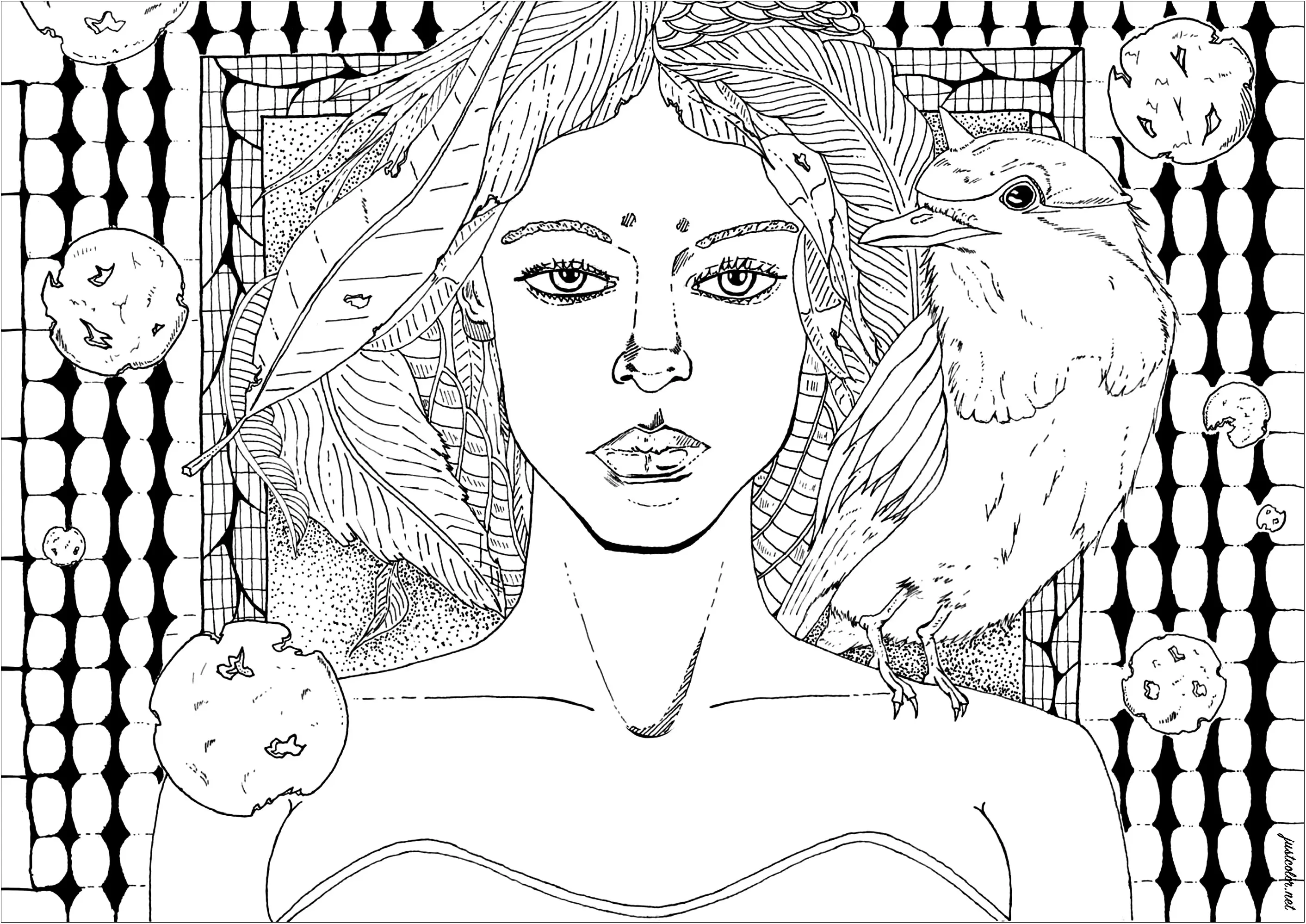 Woman with raven on her shoulder (Printable Anti-stress / Zen Coloring Page for adults)