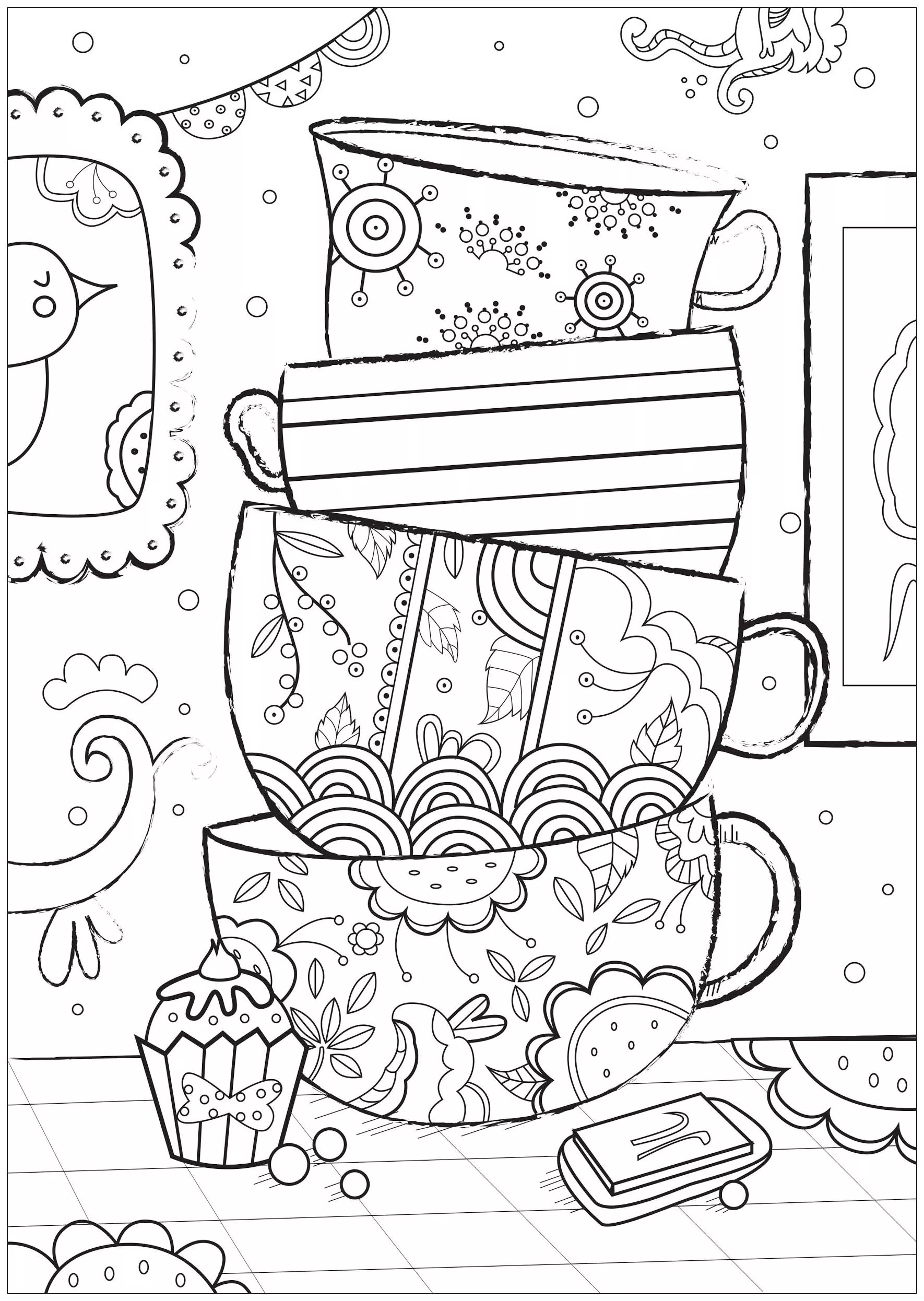 Decorated cups (Printable Anti-stress / Zen Coloring Page for adults)
