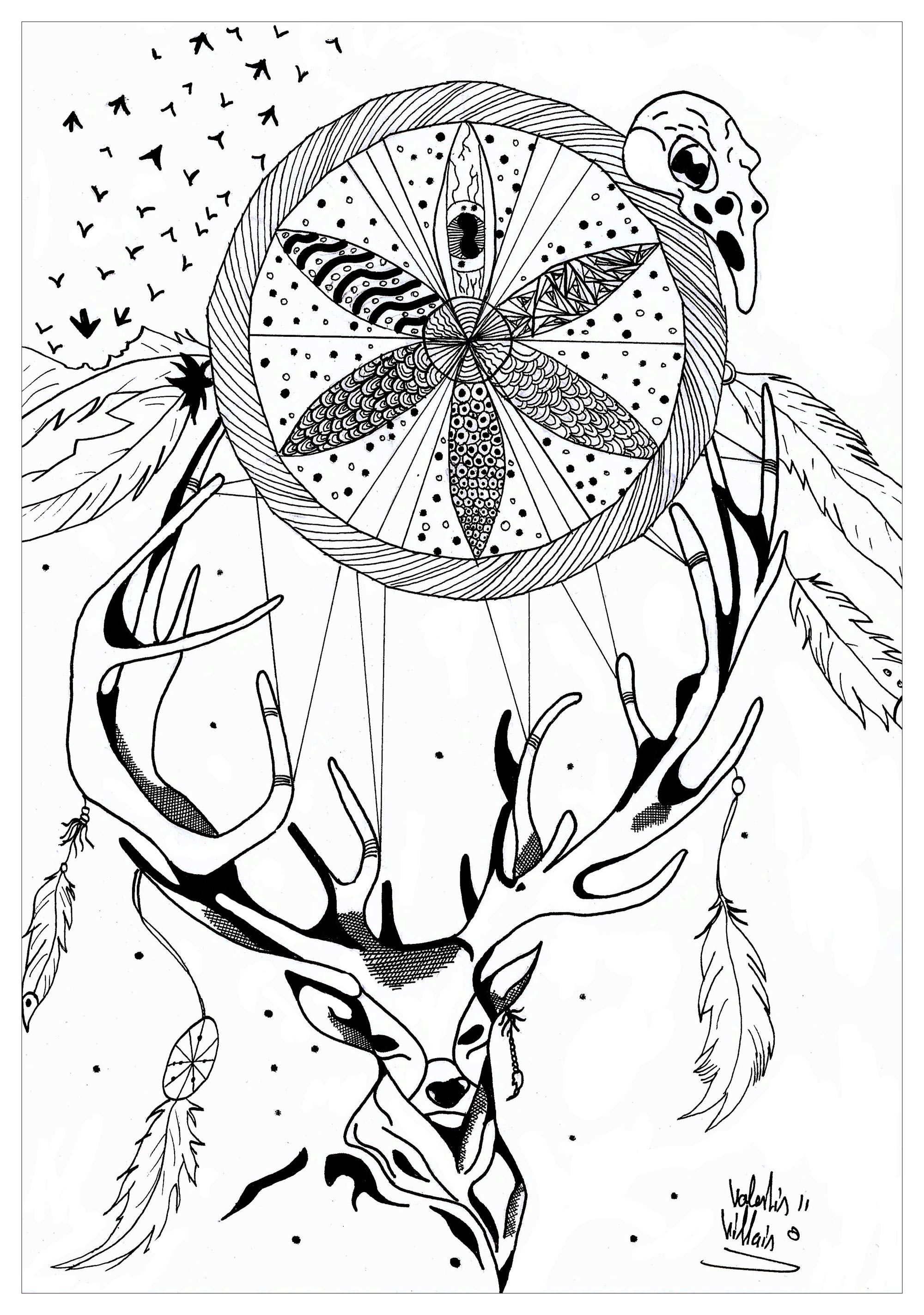 Coloring page of a deer with a dreamcatcher. This original drawing represents a deer with beautiful antlers, supporting an incredible dreamcatcher.