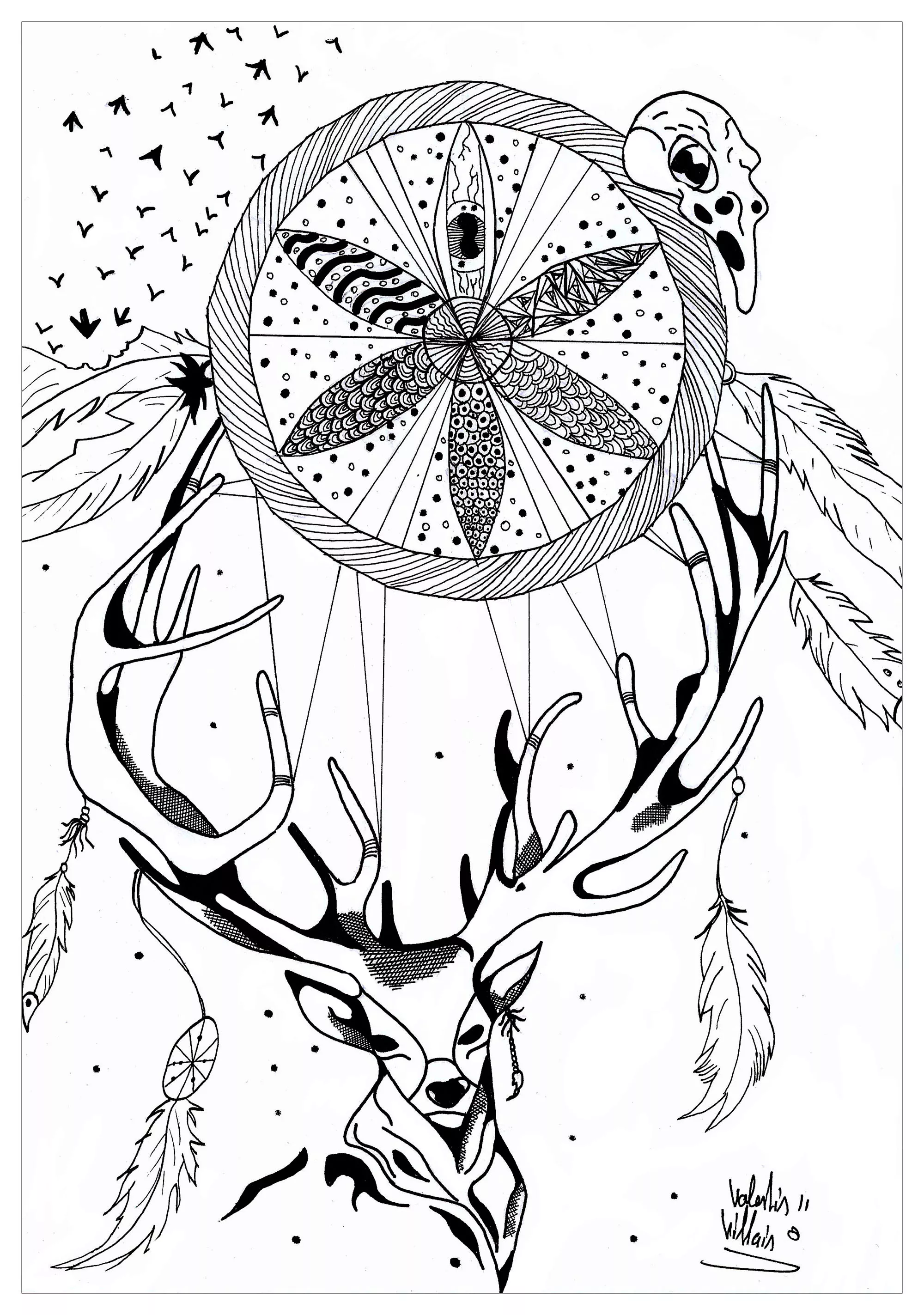 Deer & dreamcatcher (Printable Valentin Coloring Page for adults)