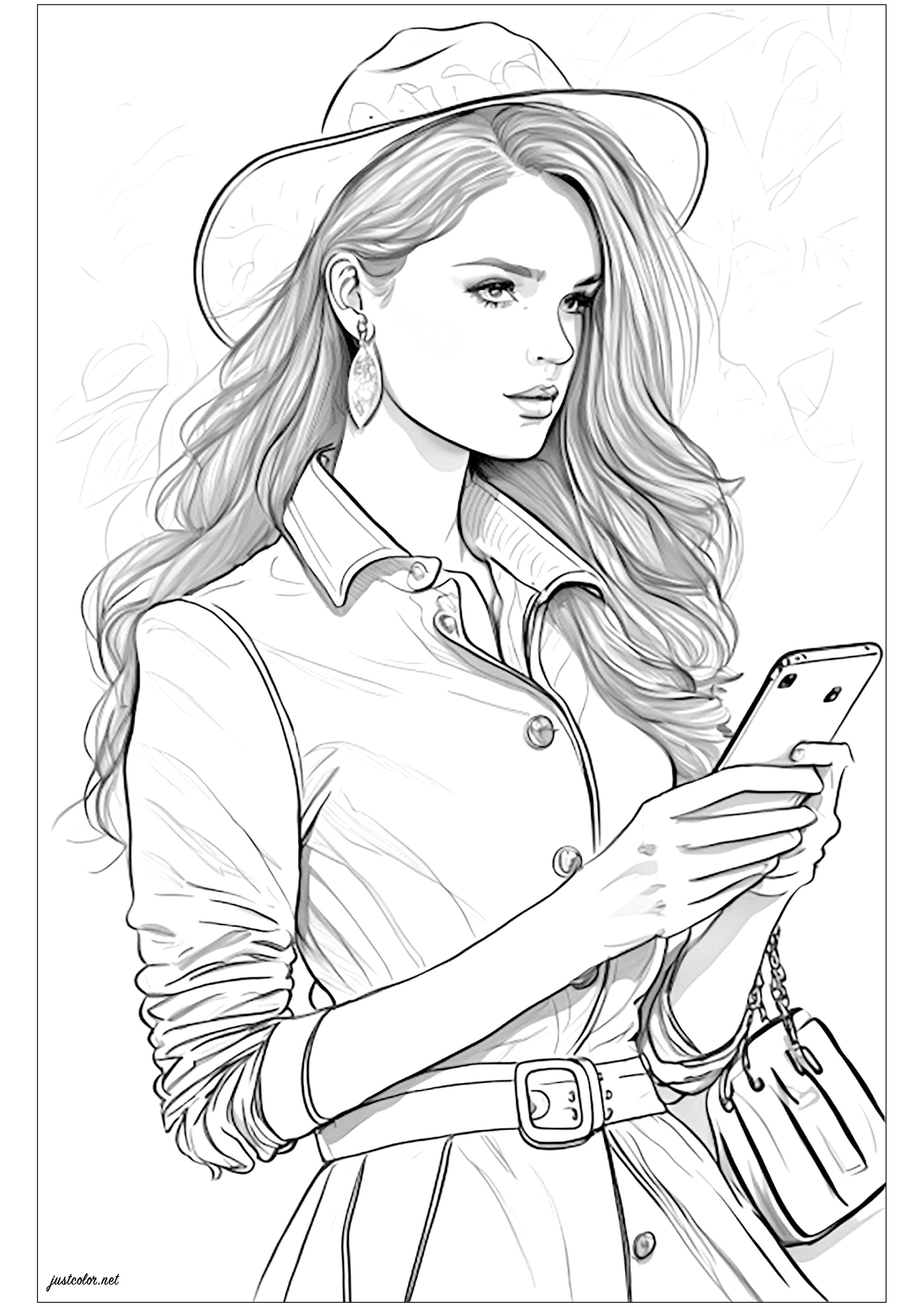 Coloring of a young woman using her smartphone. This pretty young woman holding her smartphone in her hands is dressed in a nice fashionable coat, and walks around with a nice handbag. Her hat completes her very elegant style. What colors would you choose to embellish her?