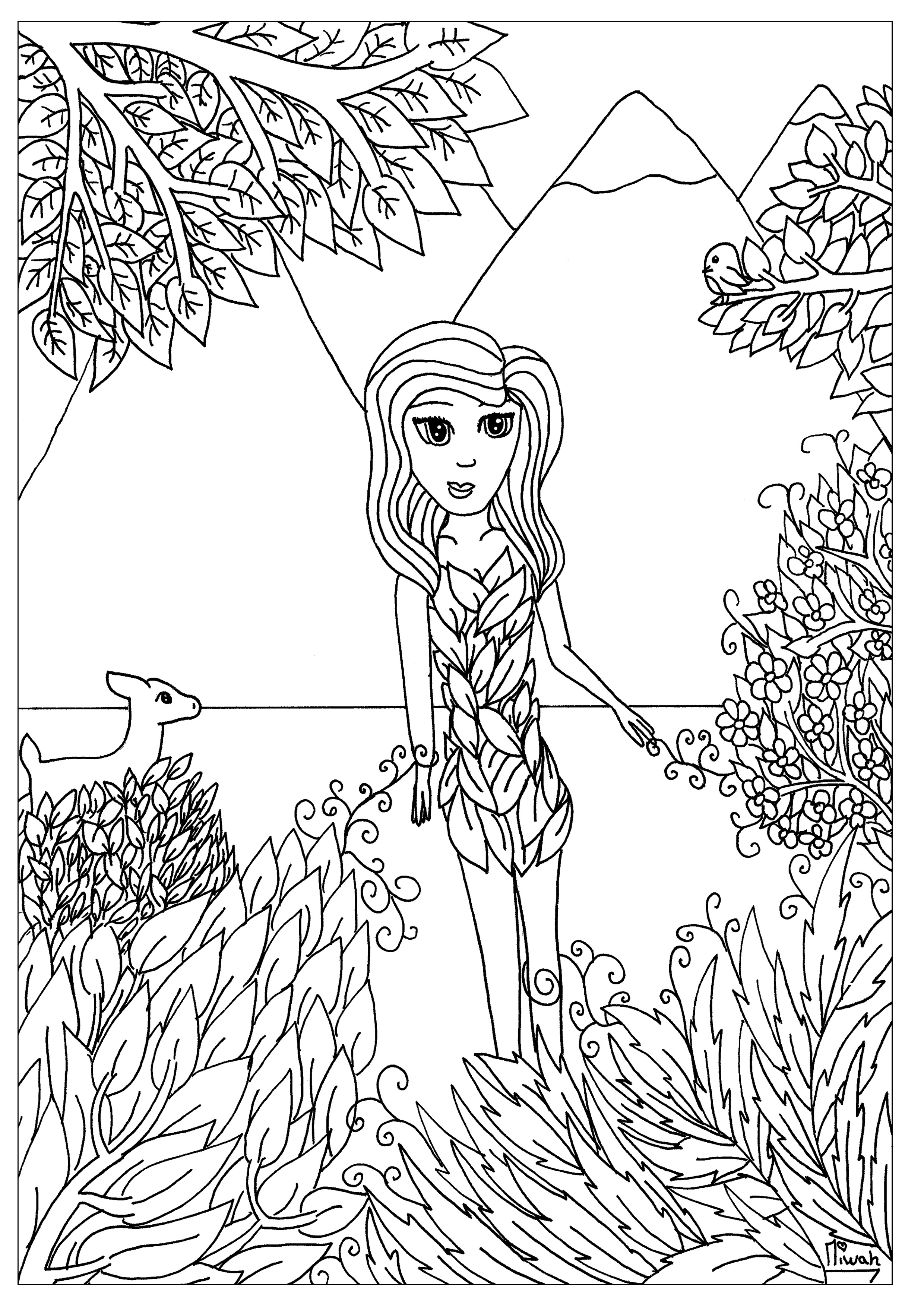 Flower Woman, a coloring page with a simple but captivating style, Artist : Miwah