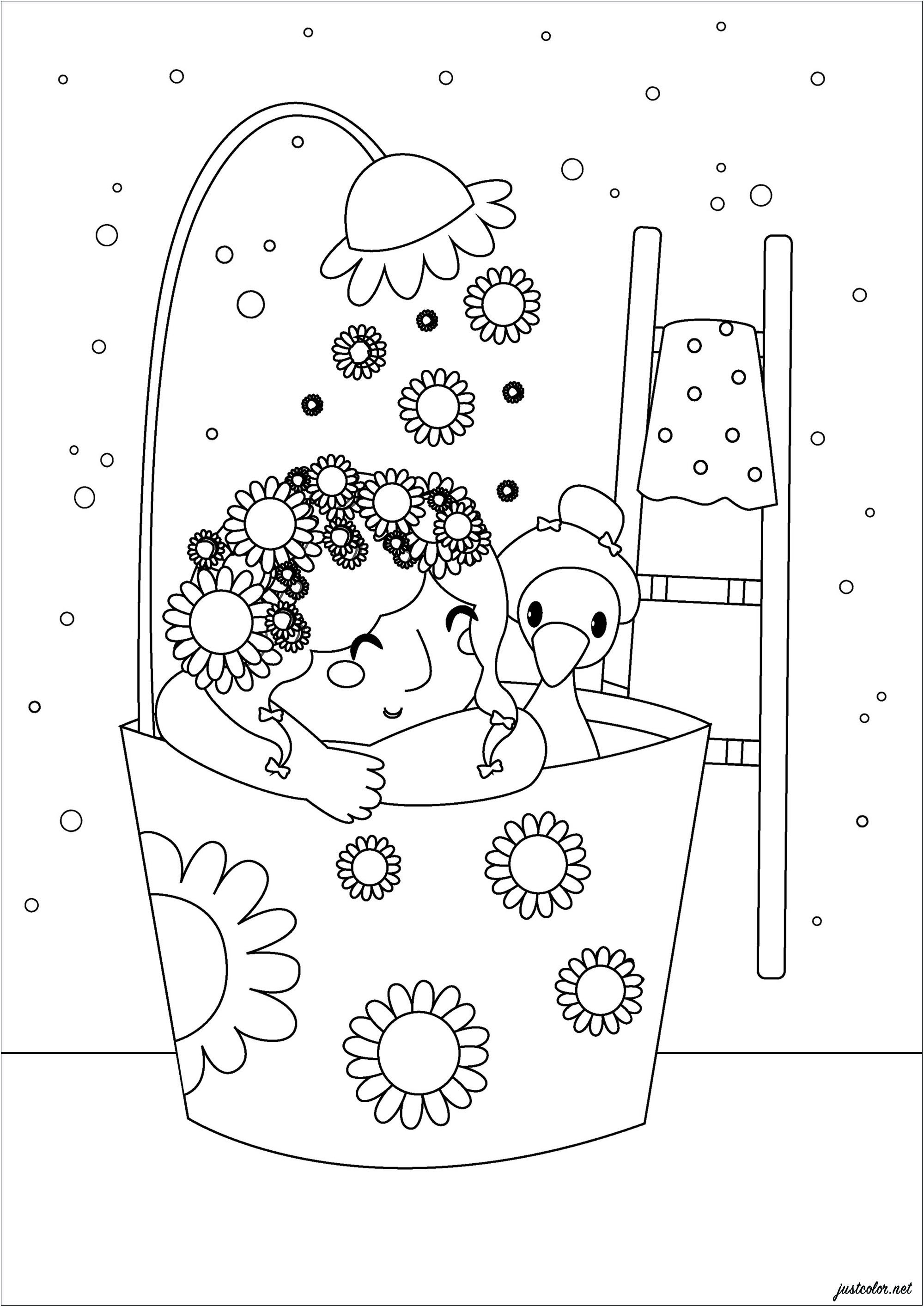 A funny bath whose shower is a flower ... A very Zen moment awaits you with this pretty coloring book
