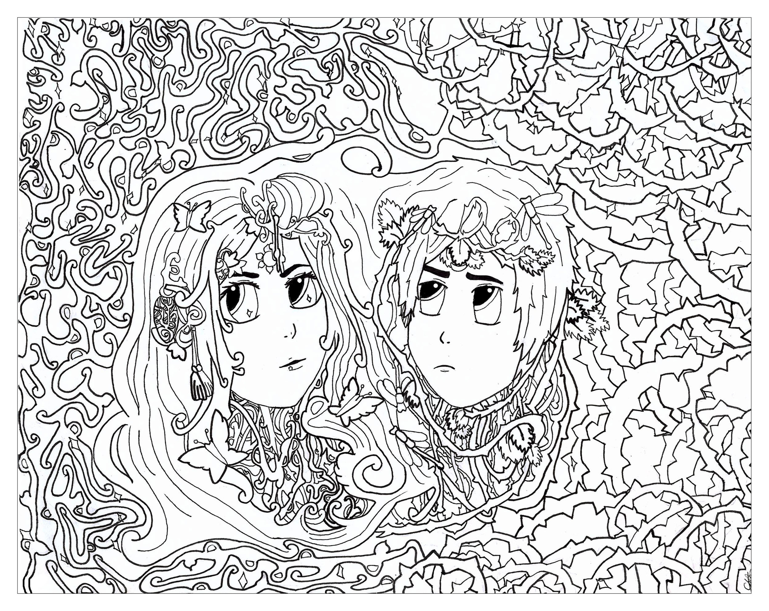 Coloring page inspired by The zodiac sign of Gemini.