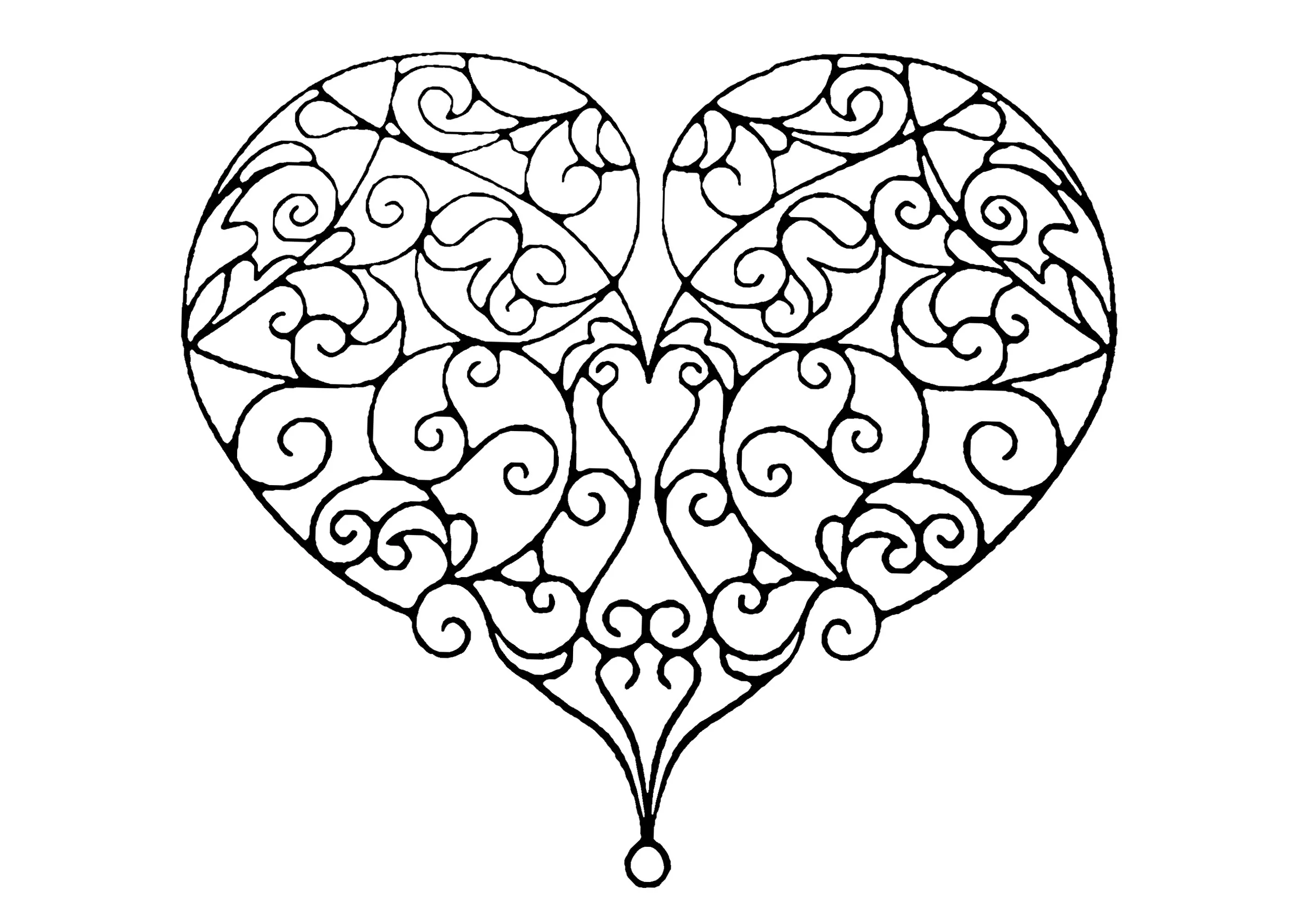 Heart with pretty curved lines (Printable Anti-stress / Zen Coloring Page for adults)