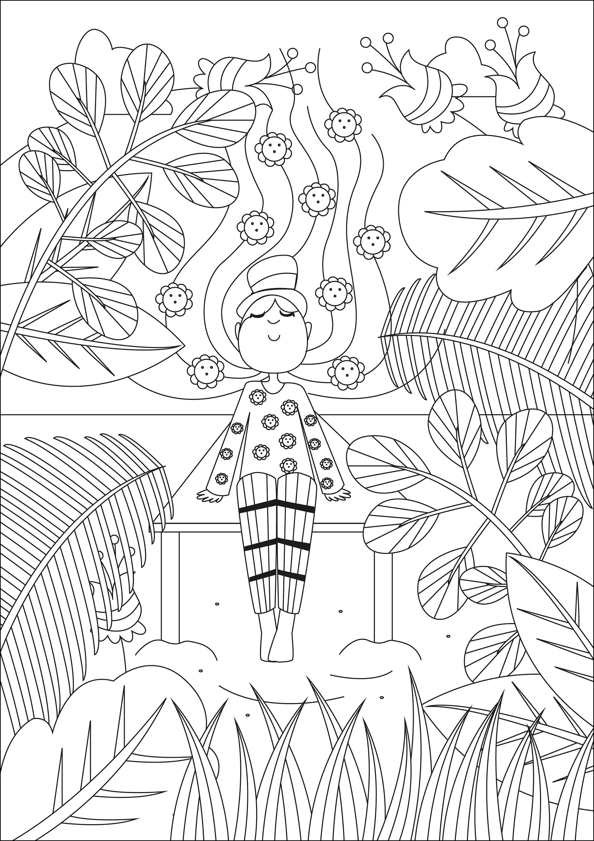 Intense relaxation in the company of plants (Printable Anti-stress / Zen Coloring Page for adults)