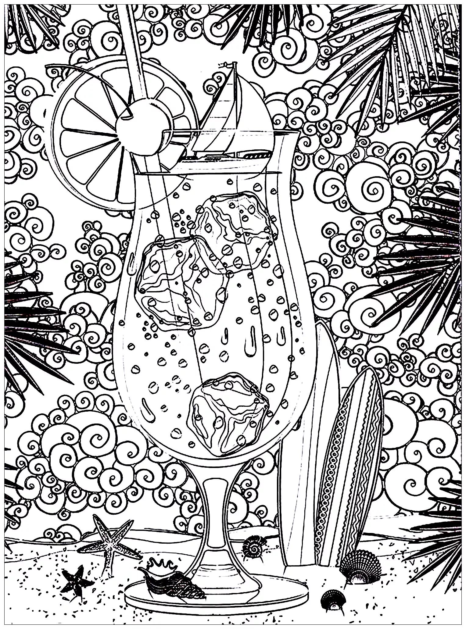 Cocktail at the sun ! (Printable Images tagged "drink" Coloring Page for adults)