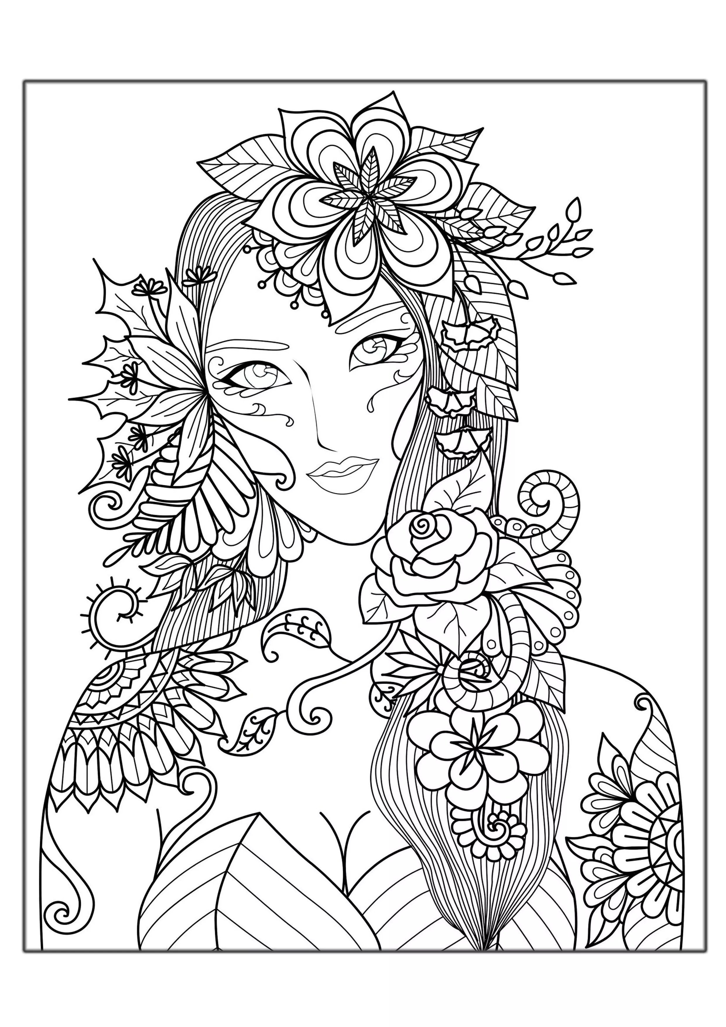 Woman flowers (Printable Anti-stress / Zen Coloring Page for adults)