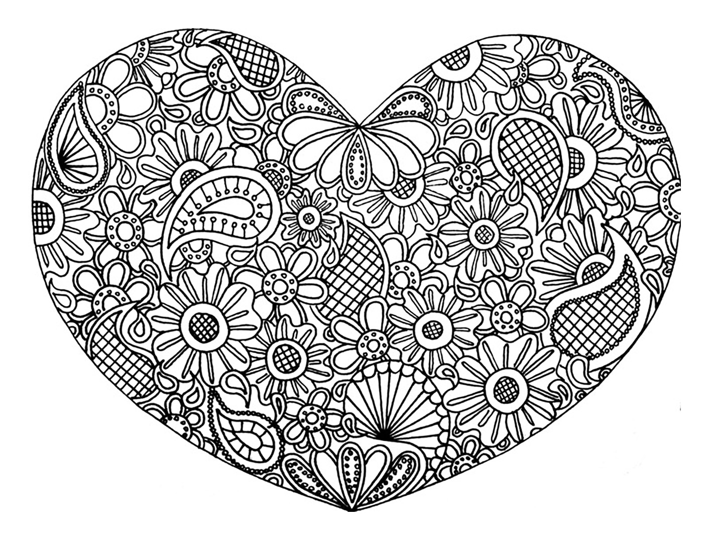 coloring page love heart with flowers free to print