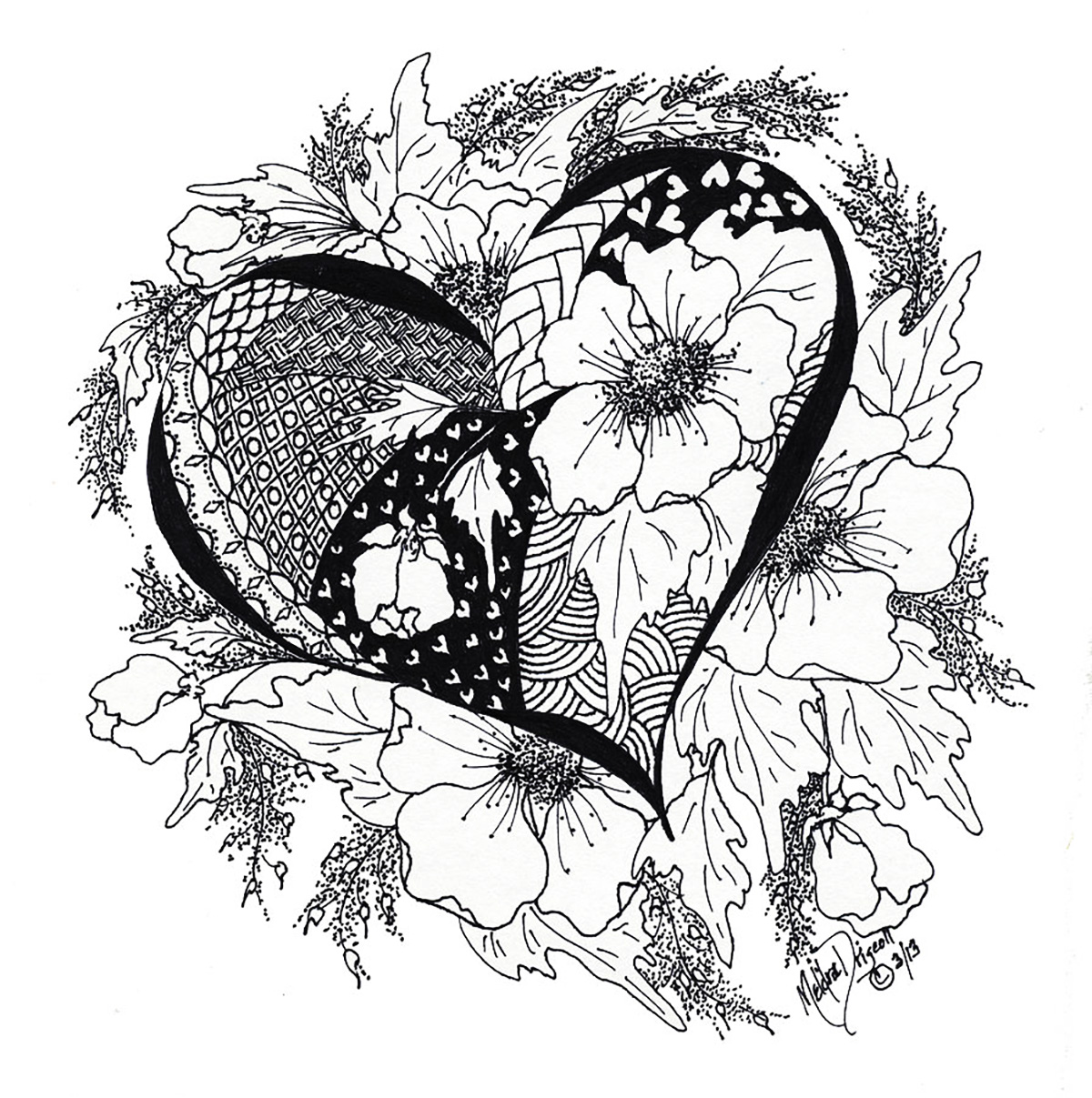 Love heart with leaves and flowers - Anti stress Adult Coloring Pages