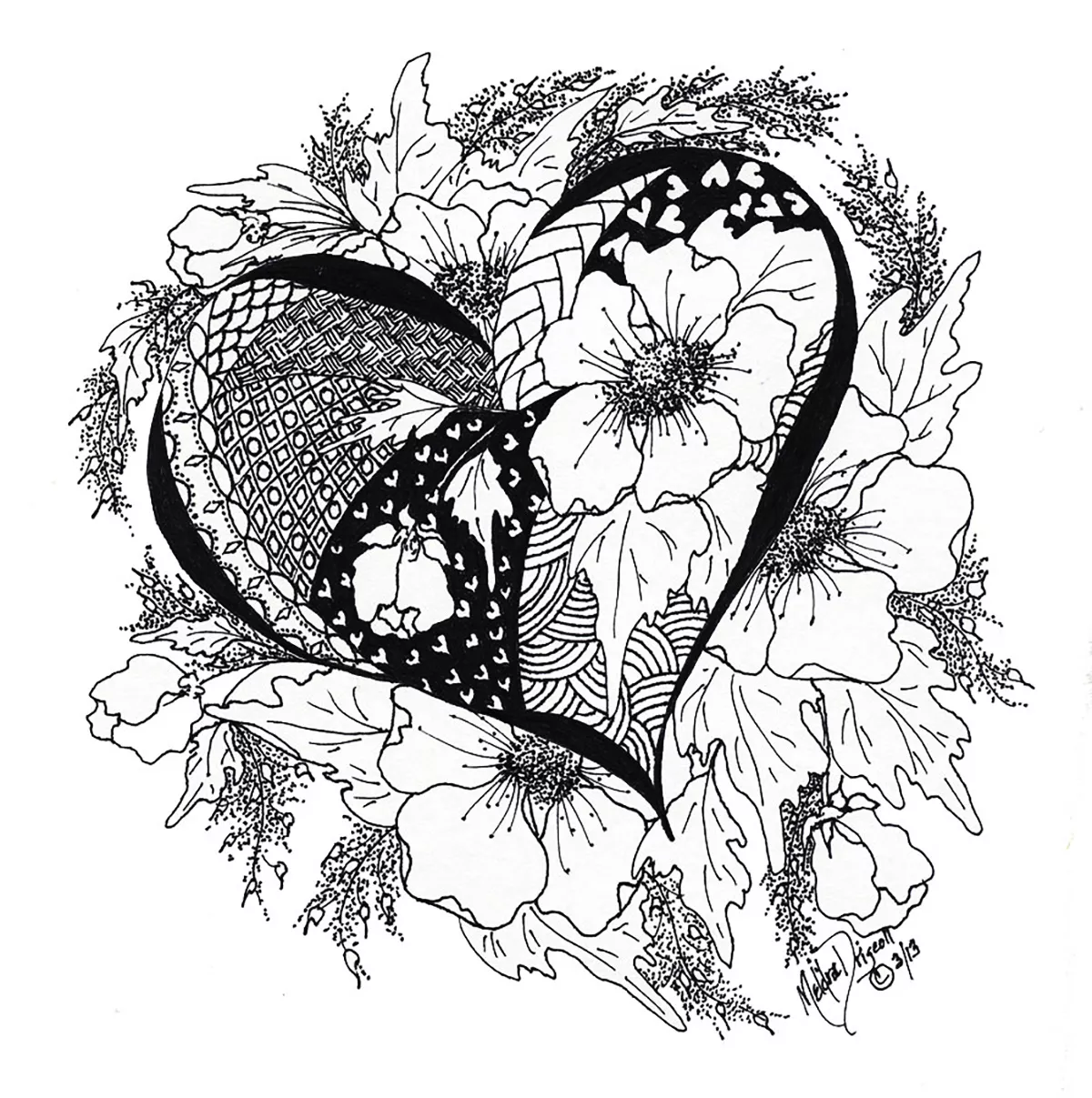 Heart with Flowers and Leaves (Printable Anti-stress / Zen Coloring Page for adults)