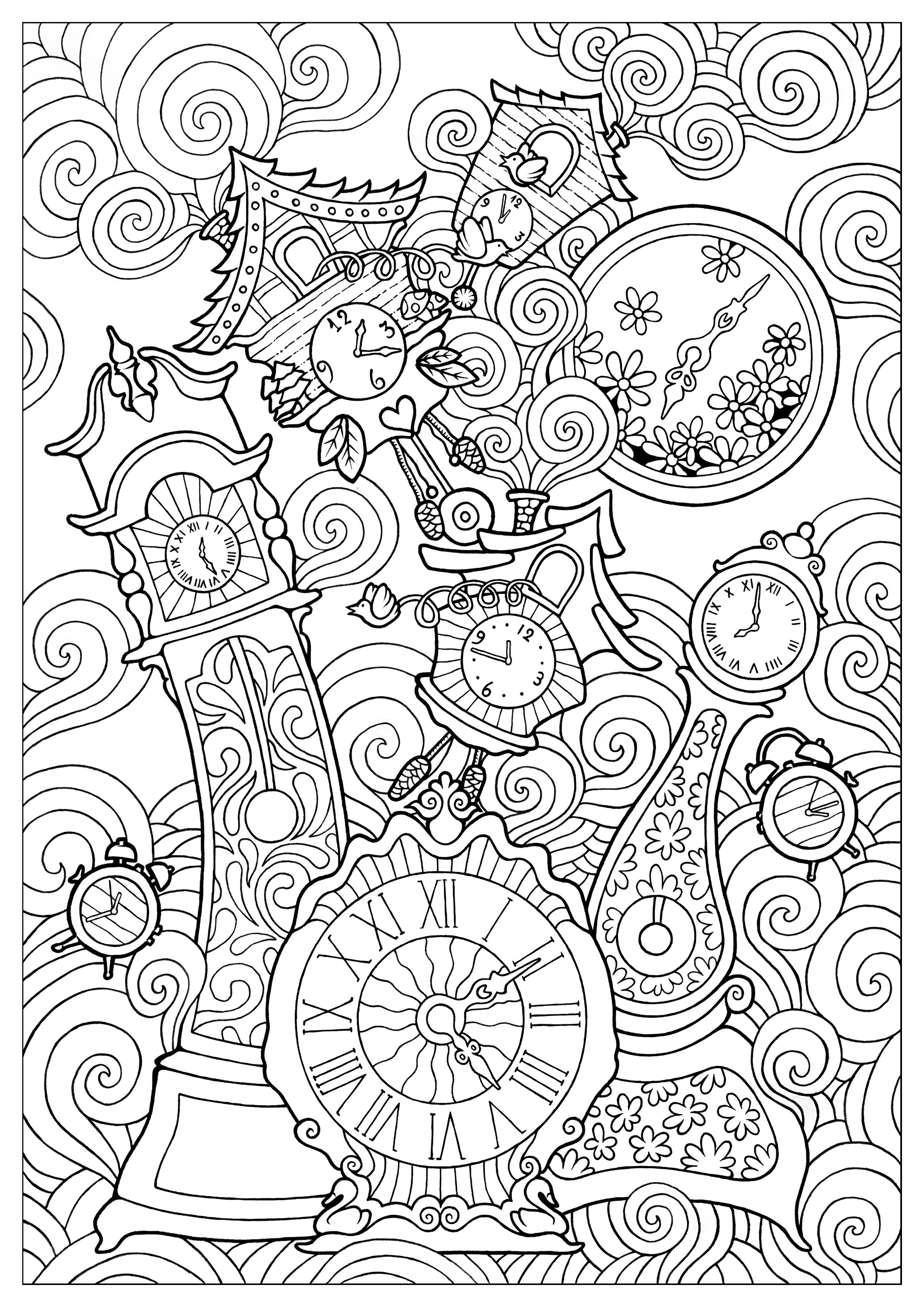 Quirky clocks konstantinos liaramantzas  Anti stress Adult Coloring Pages