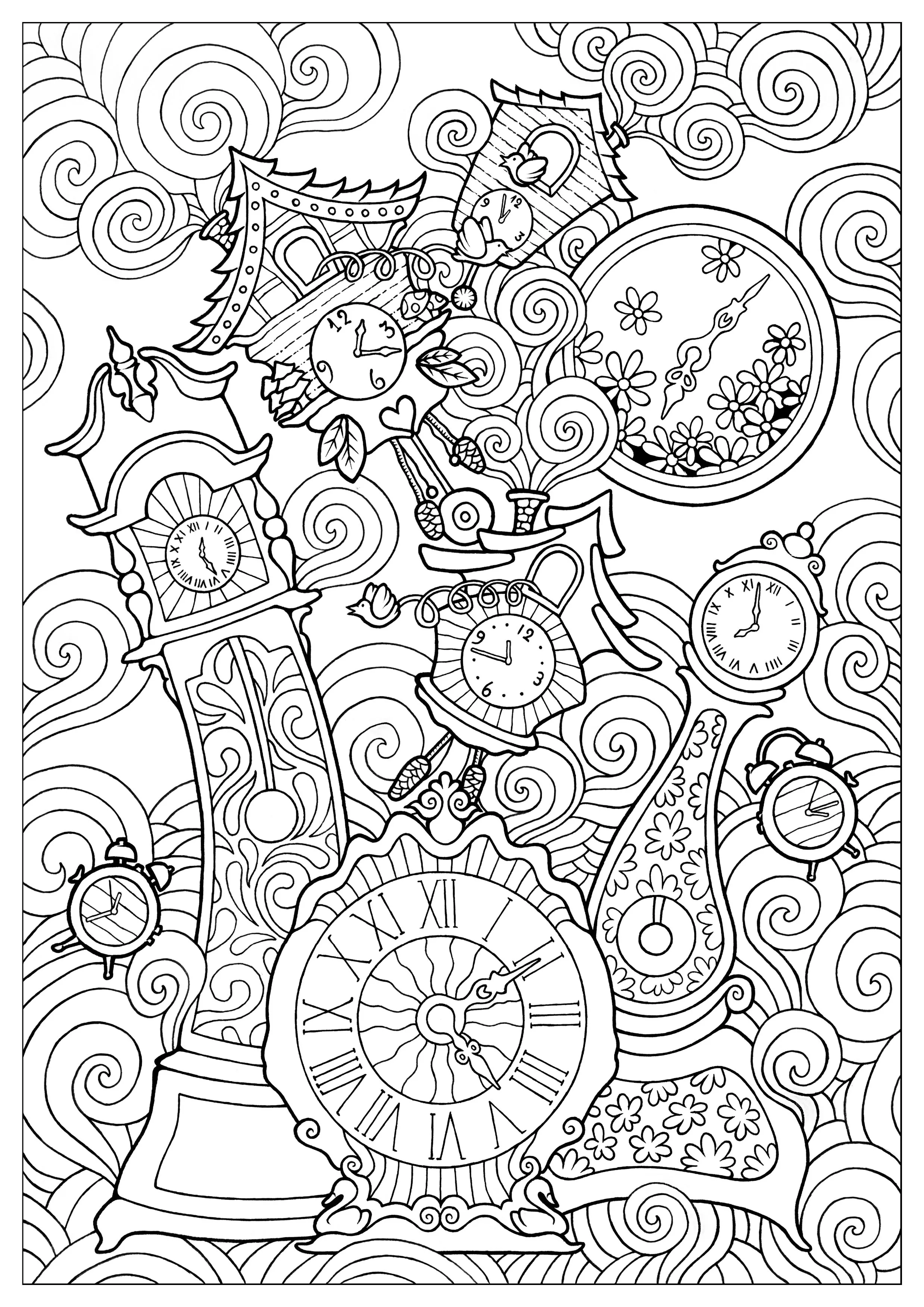 Strange clocks (Printable Konstantinos Liaramantzas Coloring Page for adults)