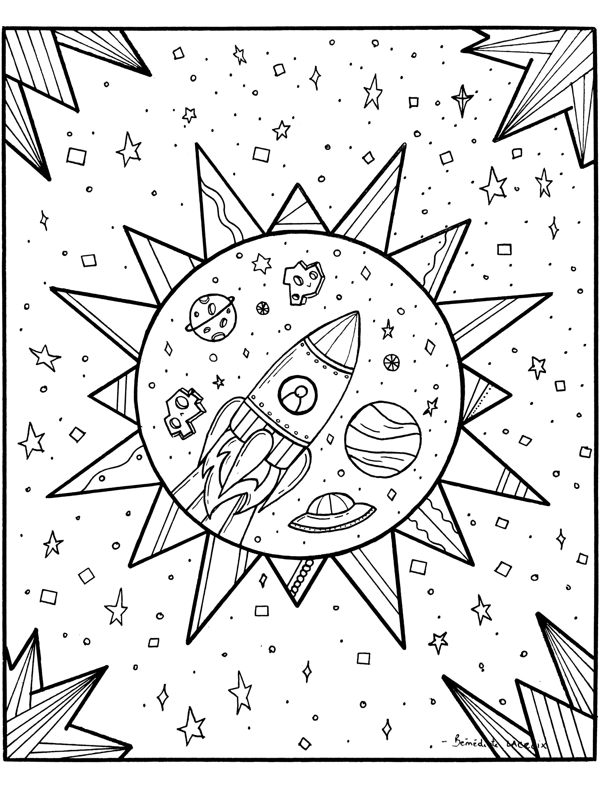 This rocket travels the interstellar space of the galaxy. Color the planets, meteorites, shuttles and stars she meets on her course.
