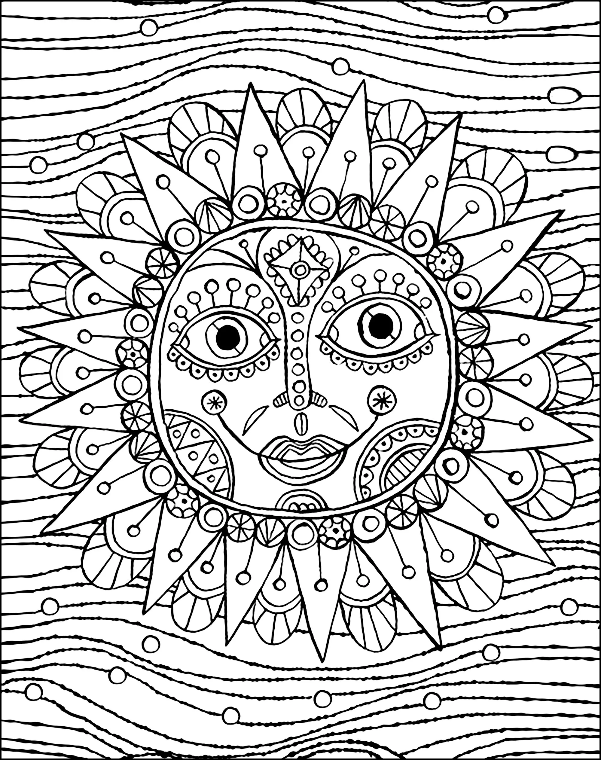 Smiling sun with waves in the background (Printable Anti-stress / Zen Coloring Page for adults)