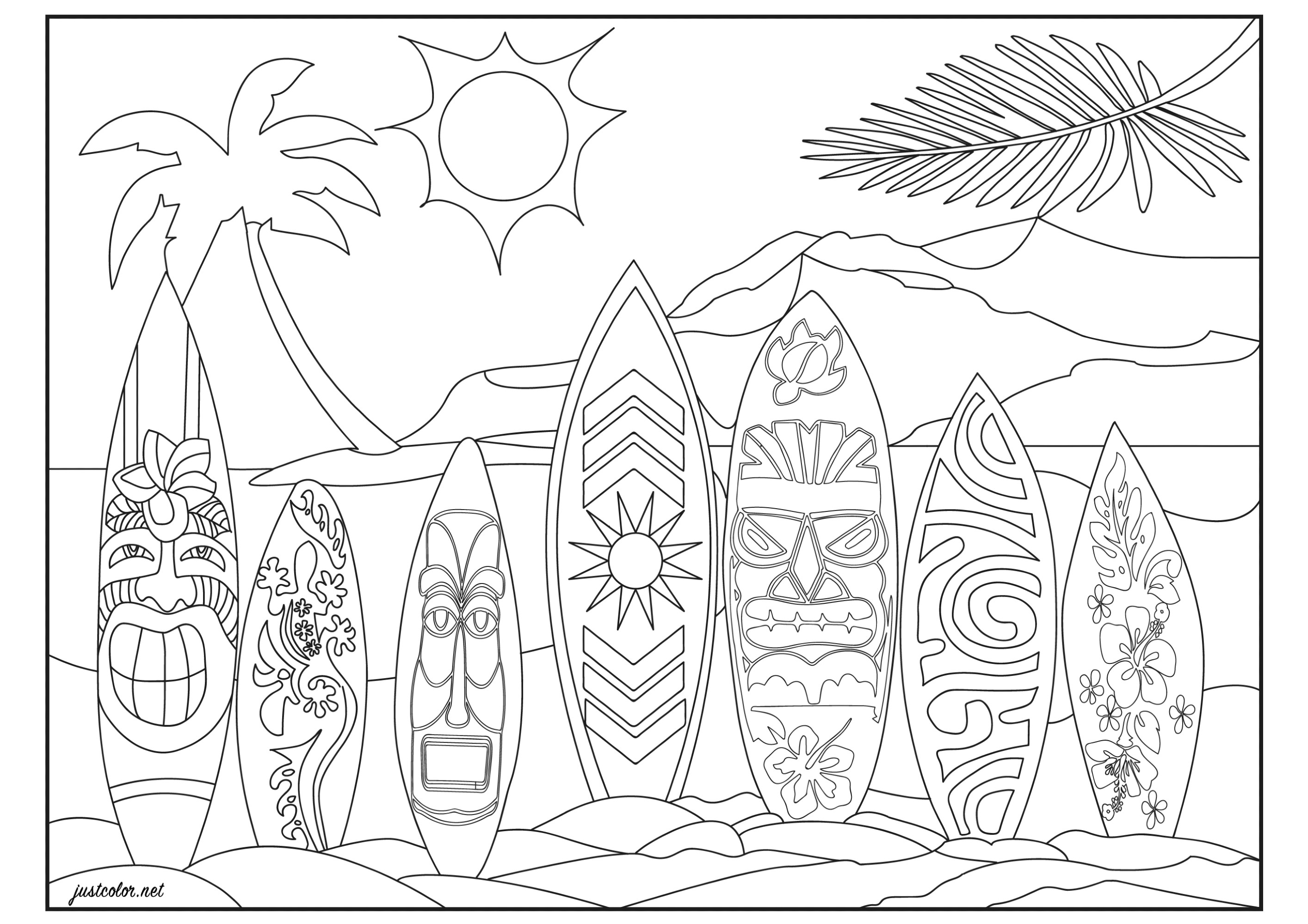 Hawaii in the Pacific, on a beach in Honolulu : alignment of surfboards with Hawaiian, Maori, vintage, tribal and floral (tropical hibiscus flowers) patterns.  Ready to surf the perfect wave ? Original coloring page with volcanic mountain and coconut palm in the background.
