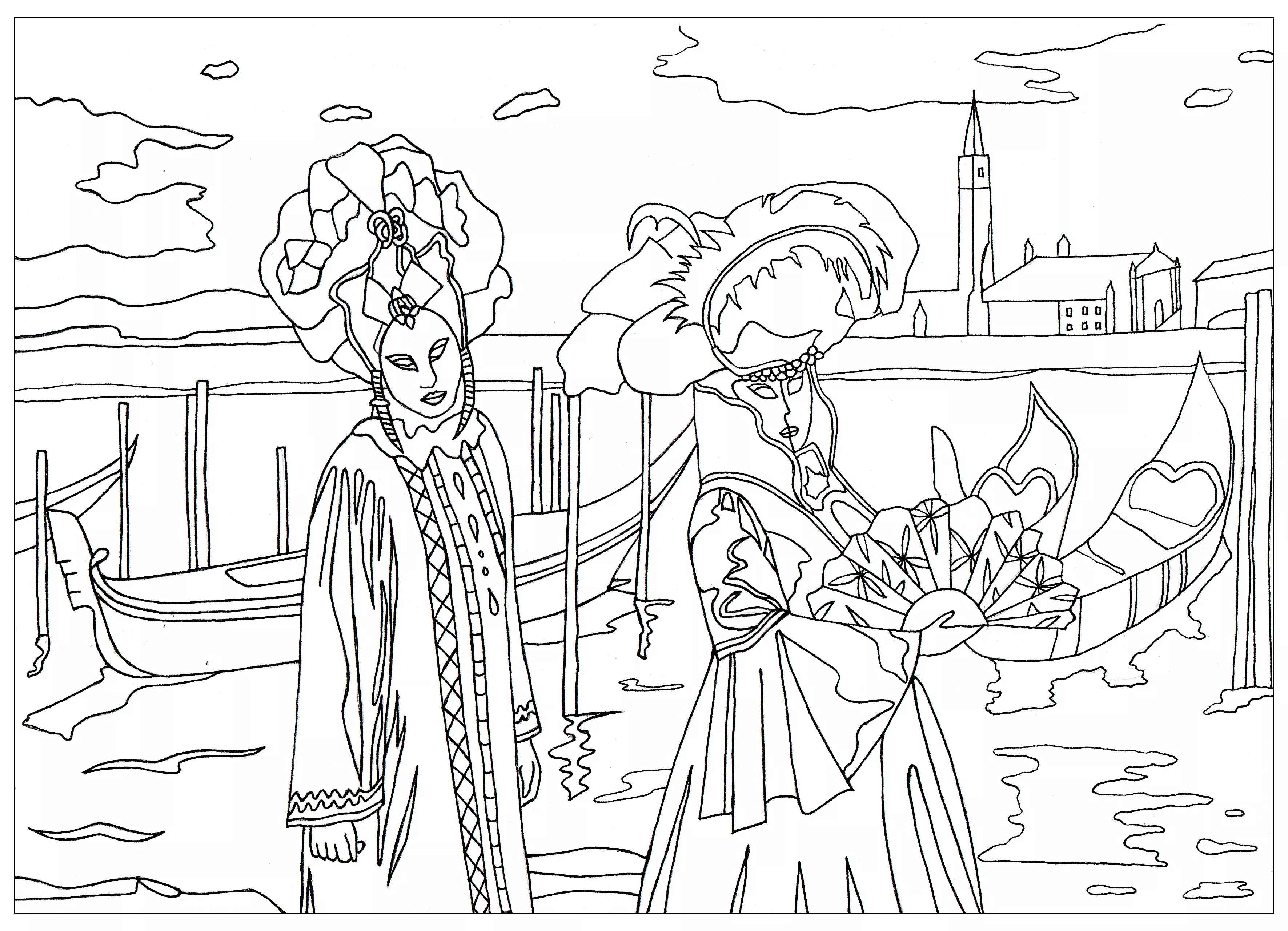 Venice carnival by marion (Printable Anti-stress / Zen Coloring Page for adults)