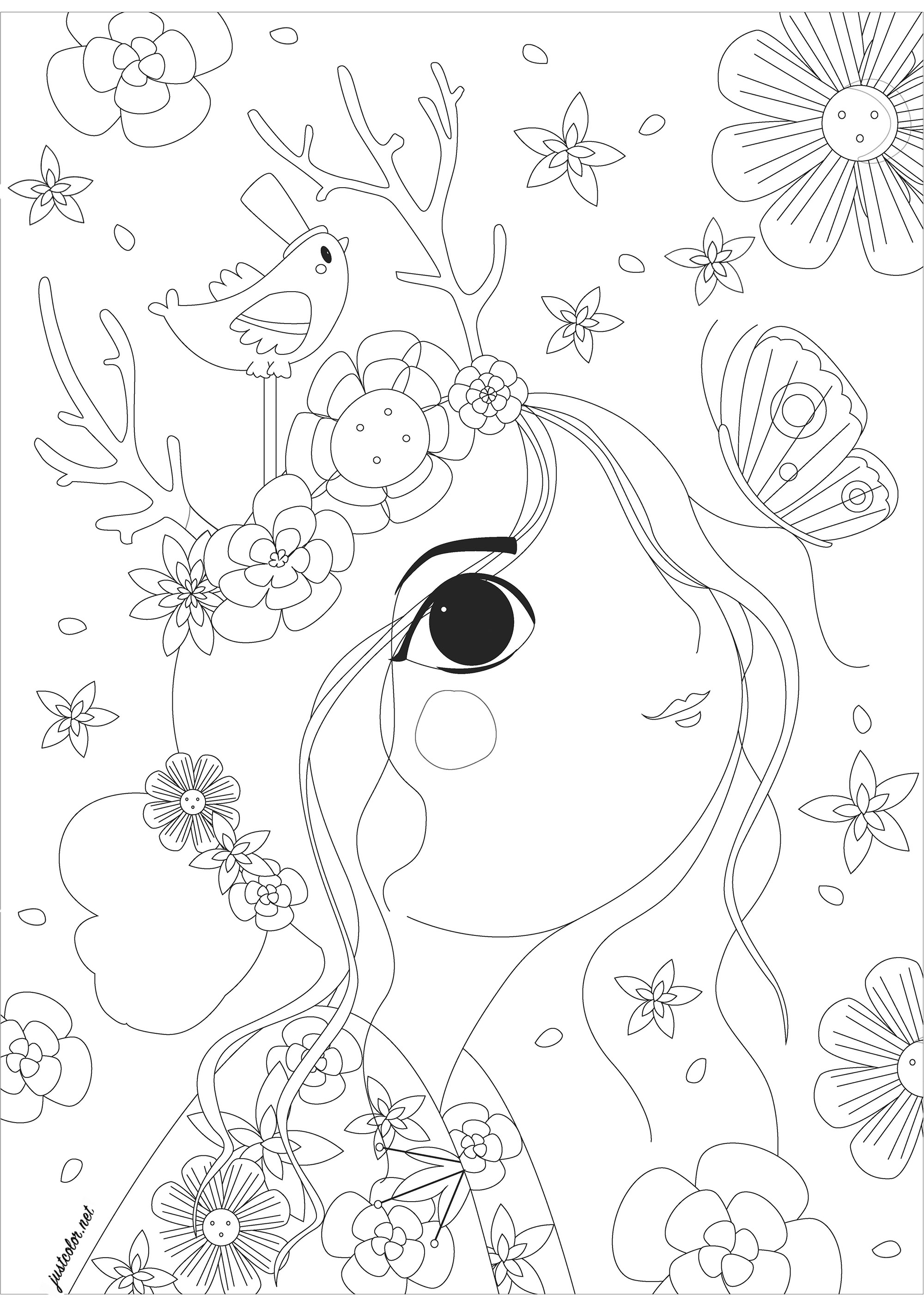 Woman seen in profile looking at a butterfly, surrounded by flowers. A very soothing coloring, just waiting for beautiful colors for all these flowers, butterfly, pretty little bird and female character drawn with a unique style.