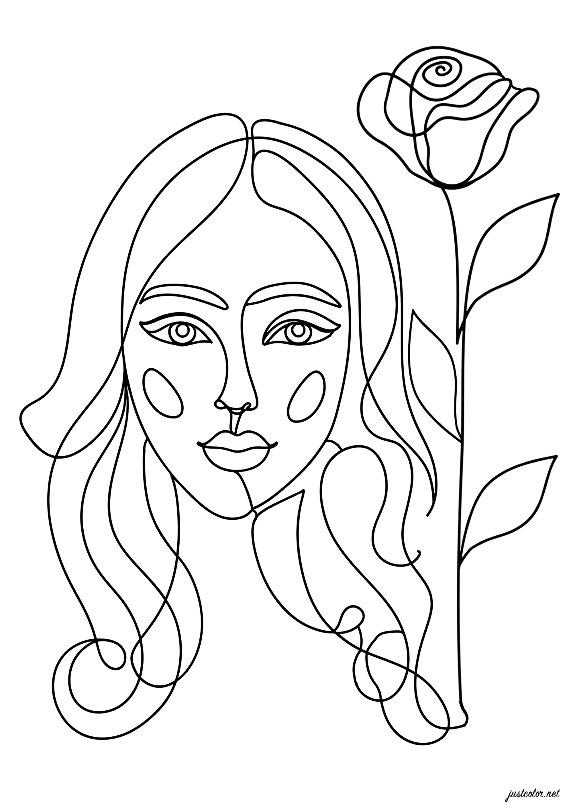 Woman and pretty rose (Line art). Line art is characterized by the exclusive use of continuous lines to create images, without recourse to color or fill.