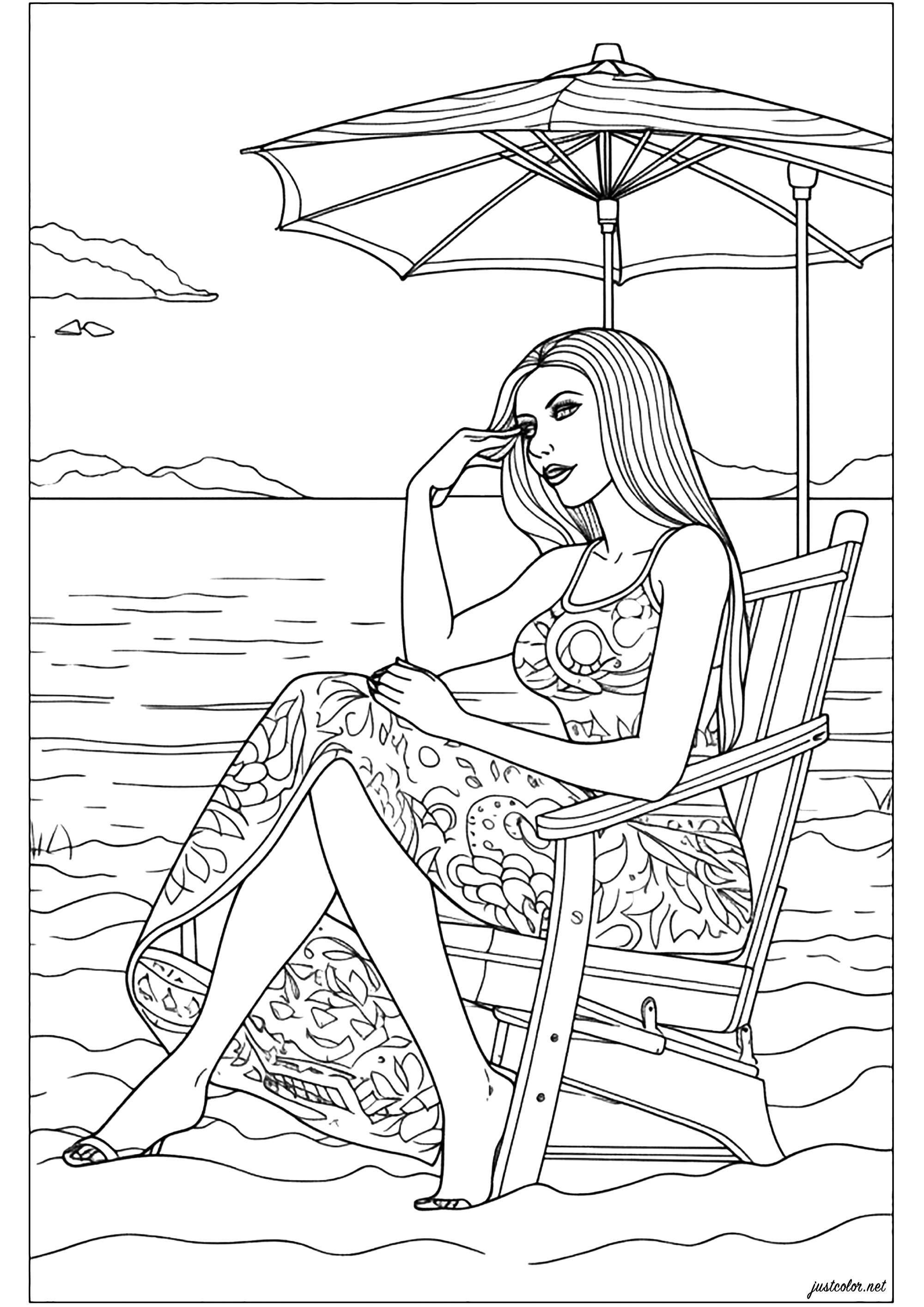 Woman sitting on the beach, elegant and pensive. An original coloring book that will make you want to go on vacation, on a calm beach, just listening to the sound of the waves...