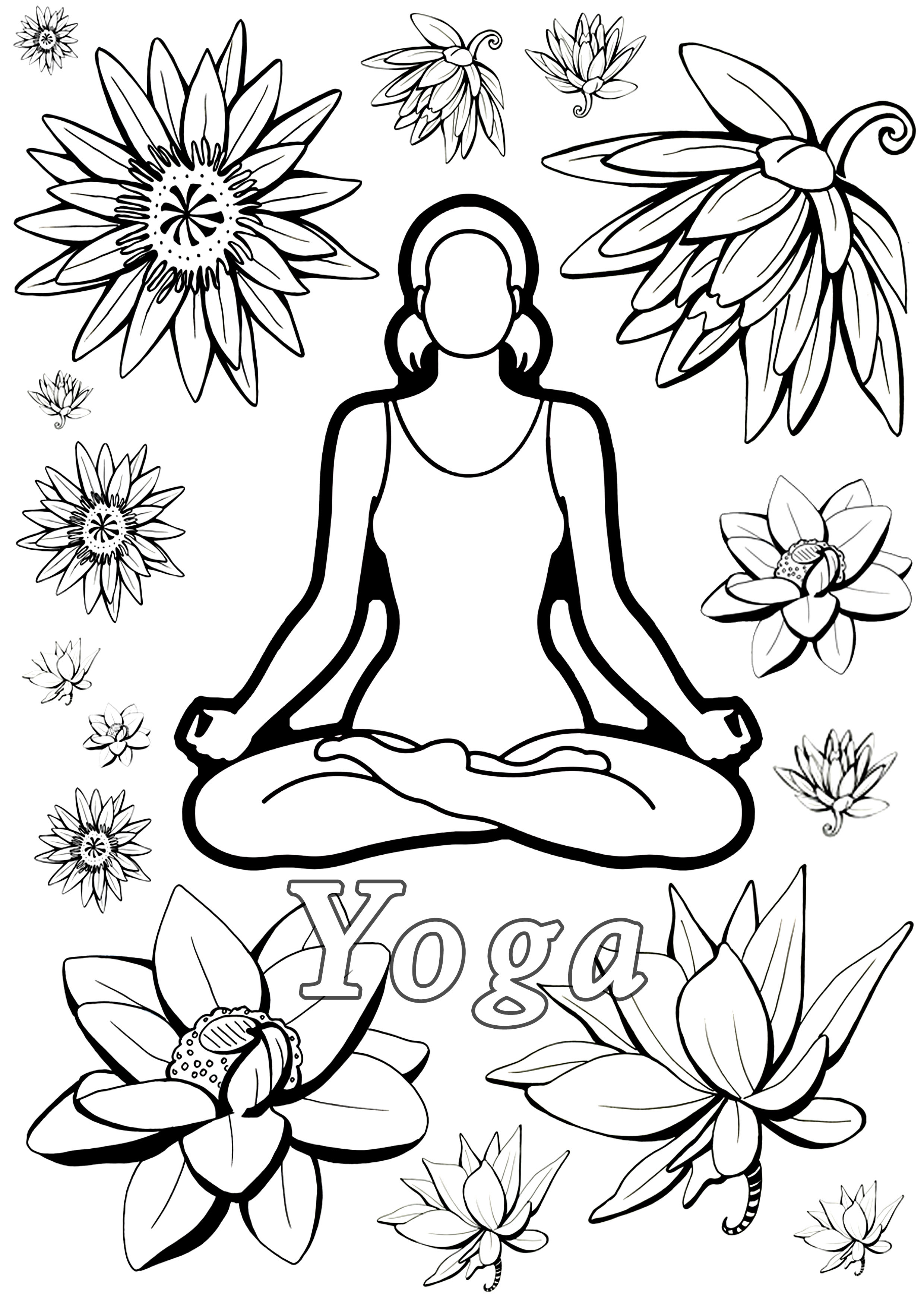 Coloring page inspired by Yoga : woman meditating and Lotus Flowers