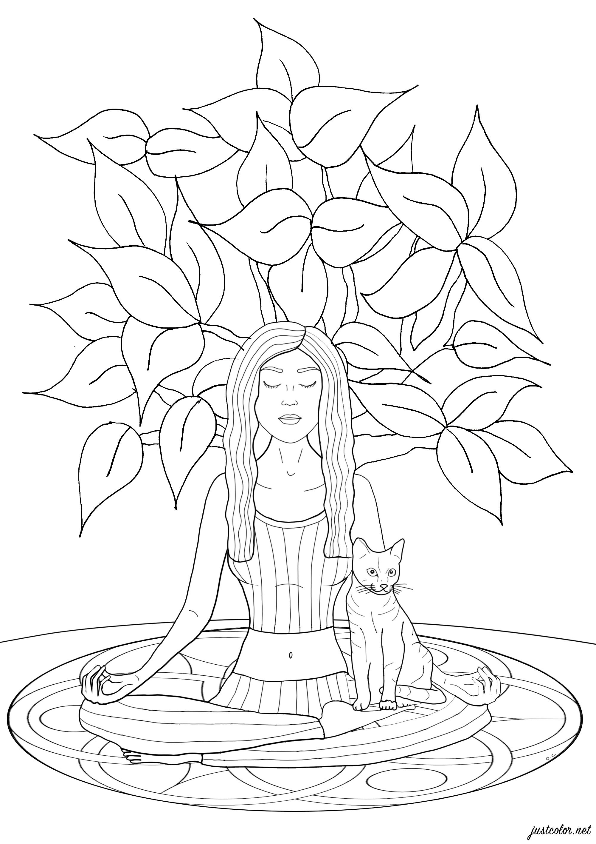 Woman doing yoga with her cat ... A tree grows behind her: the power of meditation?, Artist : Olivier