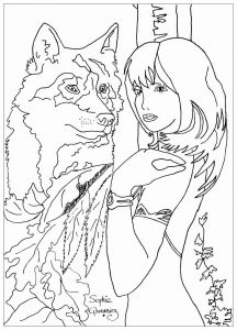 Coloring adult woman with wolf