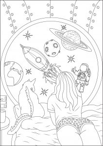Coloring girl dream space travel